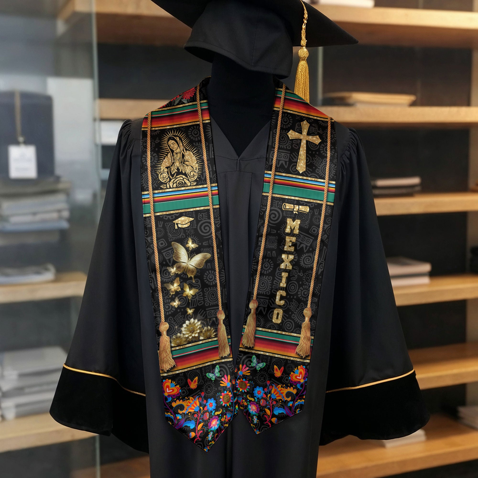 Mexican Graduation Stole Mexico Sash Aztec Virgin Mary Cross Butterfly 2026