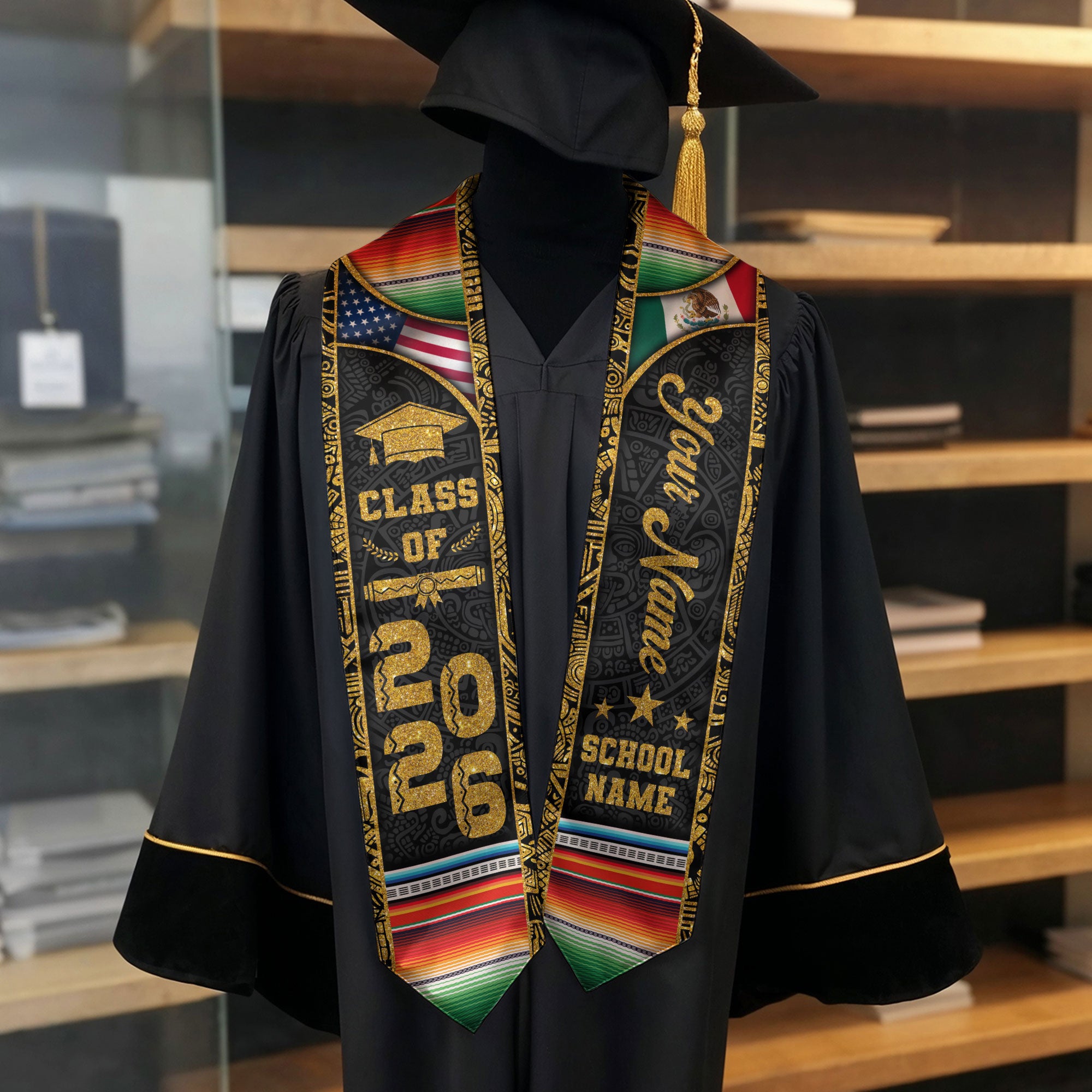 Custom Mexican Graduation Stole Class of 2026 Serape Stripe Aztec Pattern Name Sash