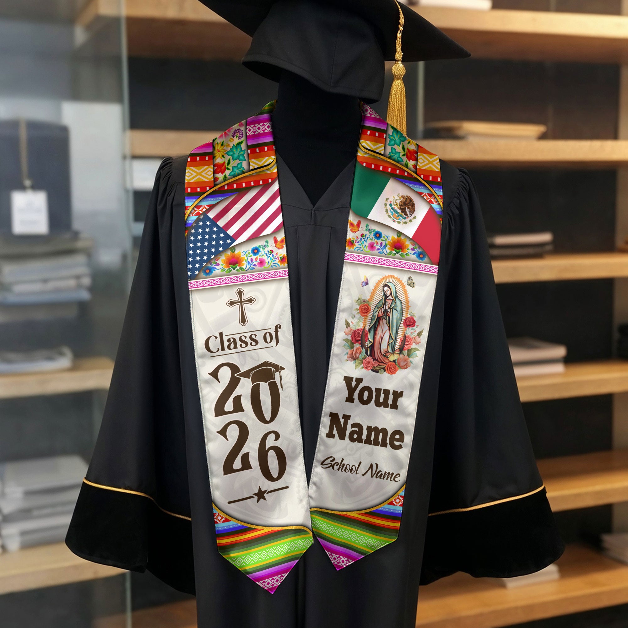 Custom Mexican Graduation Stole Mexico Sash Virgin Mary Cross Aztec Floral USA Flag 2026