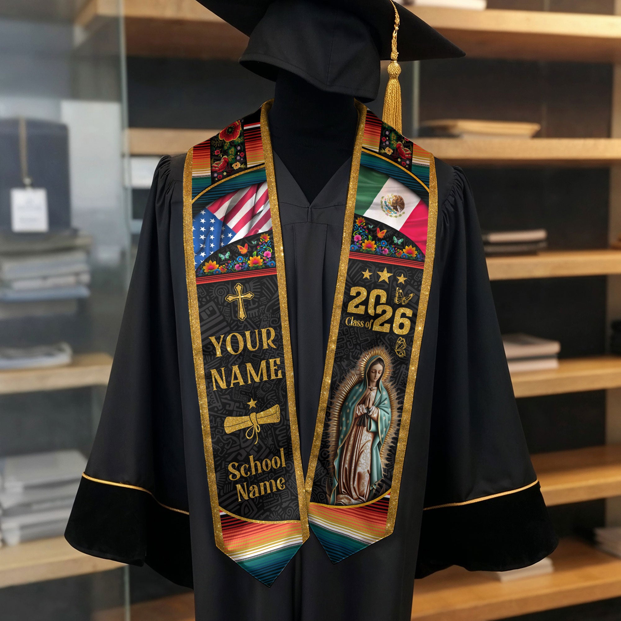 Custom Mexican Graduation Stole Mexico USA Flag Aztec Floral Virgin Mary 2026