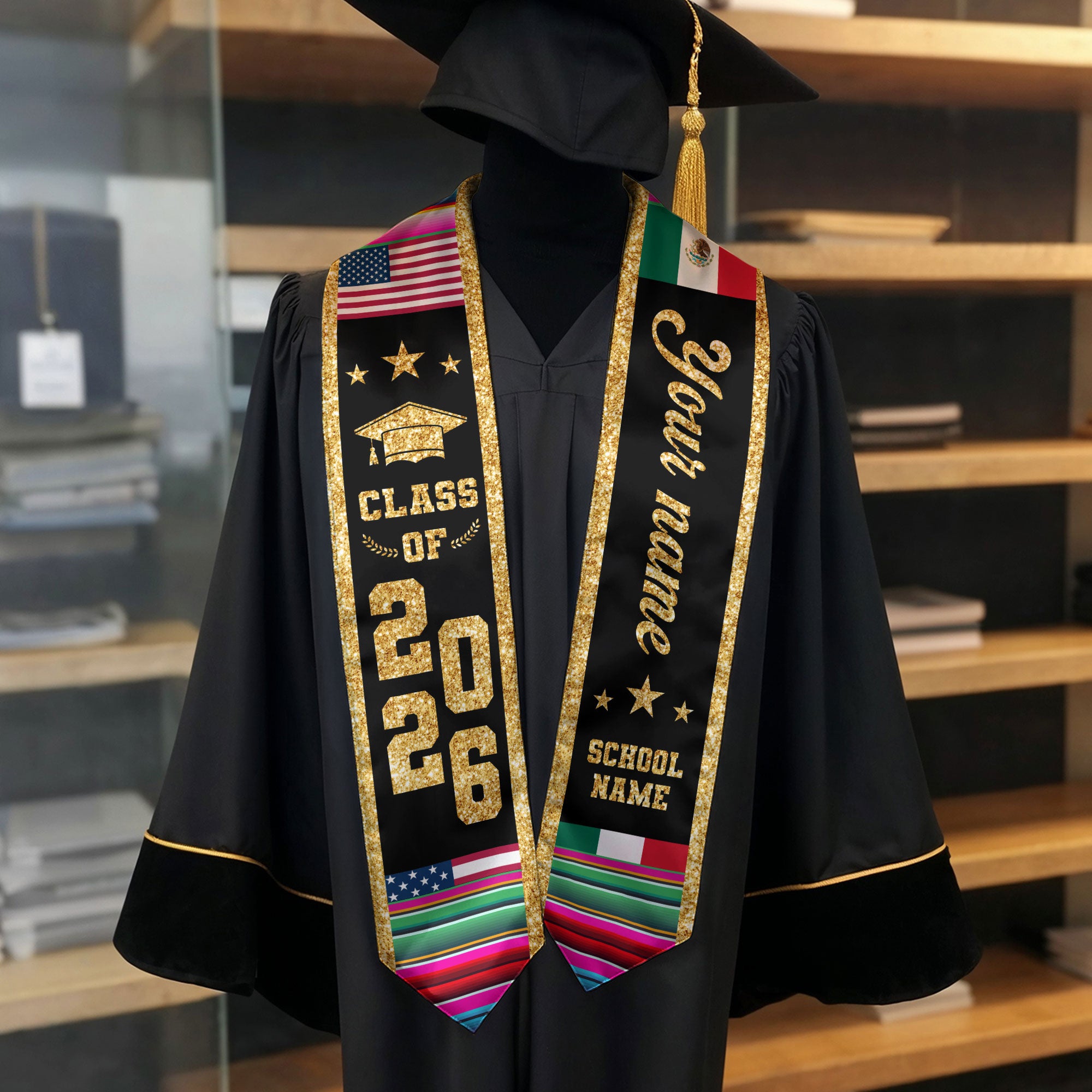Mexican Graduation Stole Custom Name Mexico USA Flag Serape Gold Glitter Class 2026