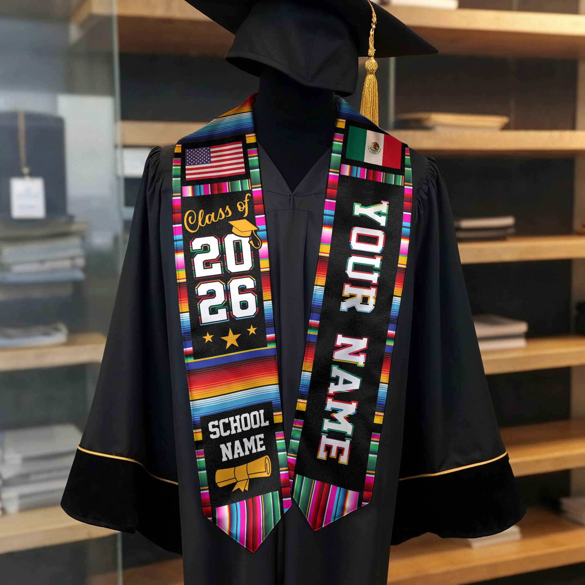 Custom Mexican Graduation Stole Mexico USA Flag Serape Class 2026 Personalized Name