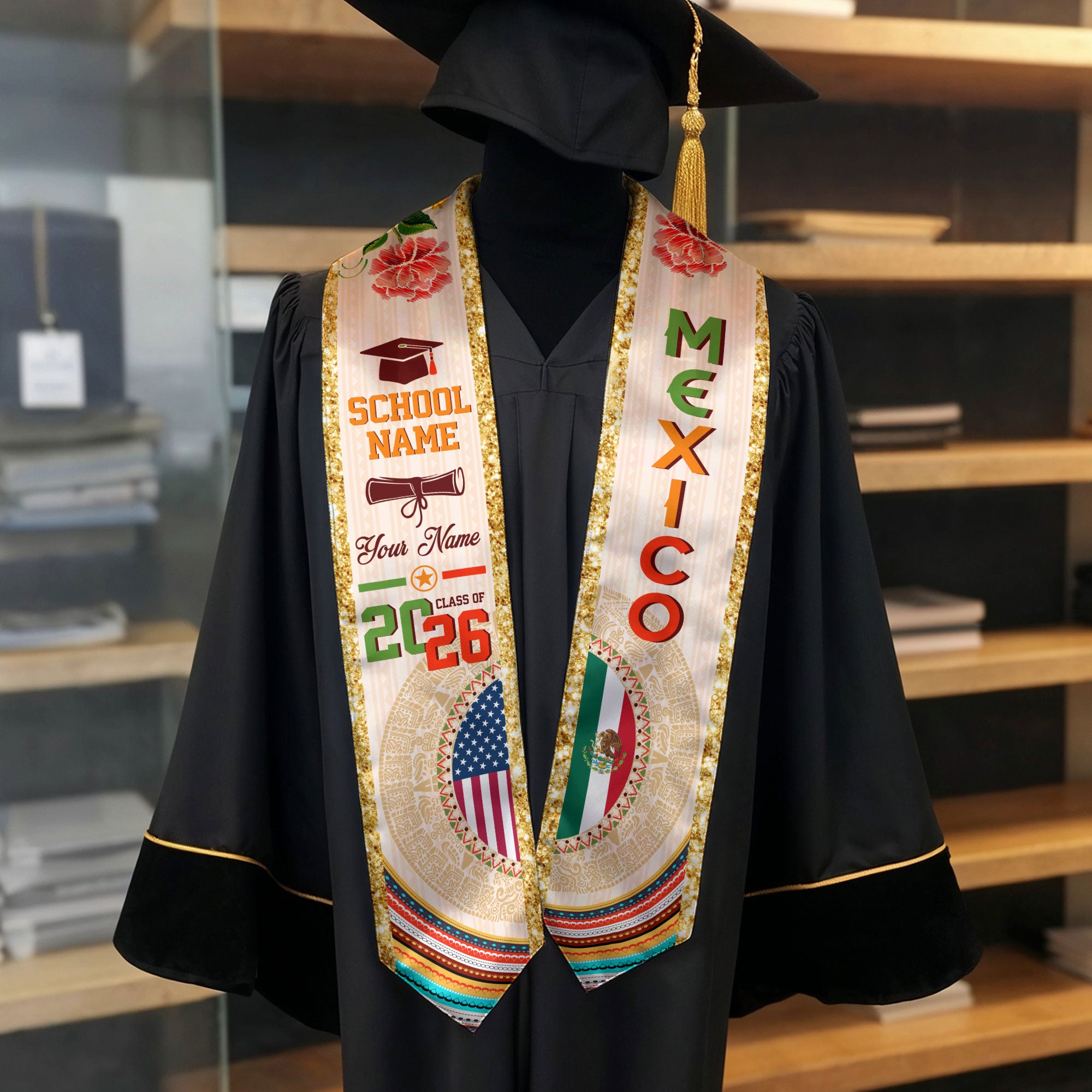 Mexican Graduation Stole Custom Name Mexico USA Flag Aztec Rose Class 2026