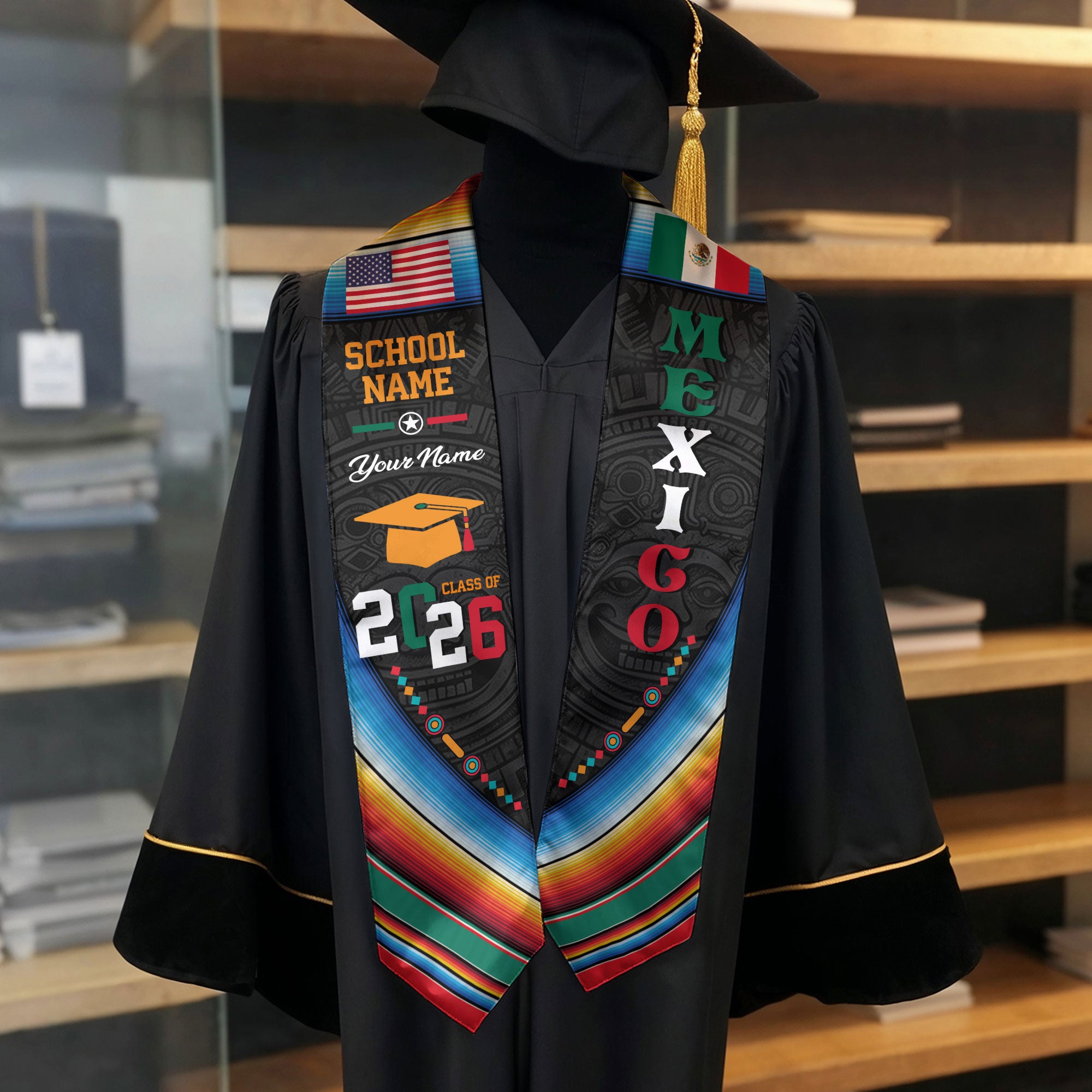 Custom Mexican Graduation Stole Mexico Sash Aztec Pattern Serape USA Flag 2026