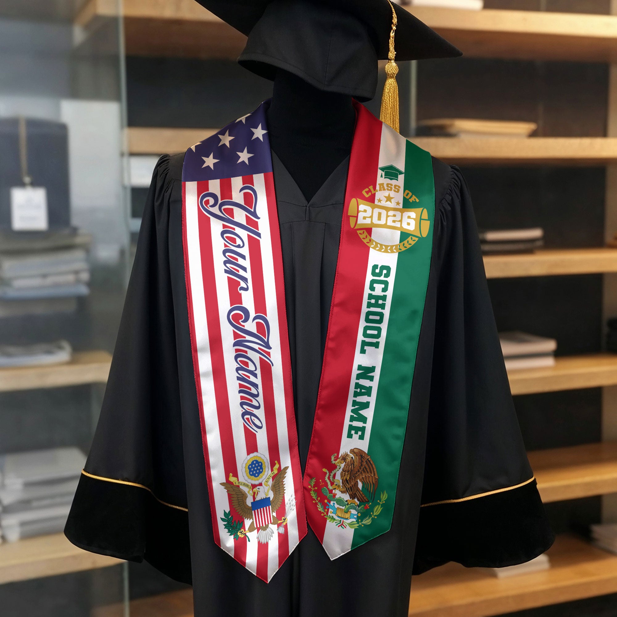 Mexican Graduation Stole Custom Name Mexico Sash USA Mexico Flag Eagle Emblem 2026