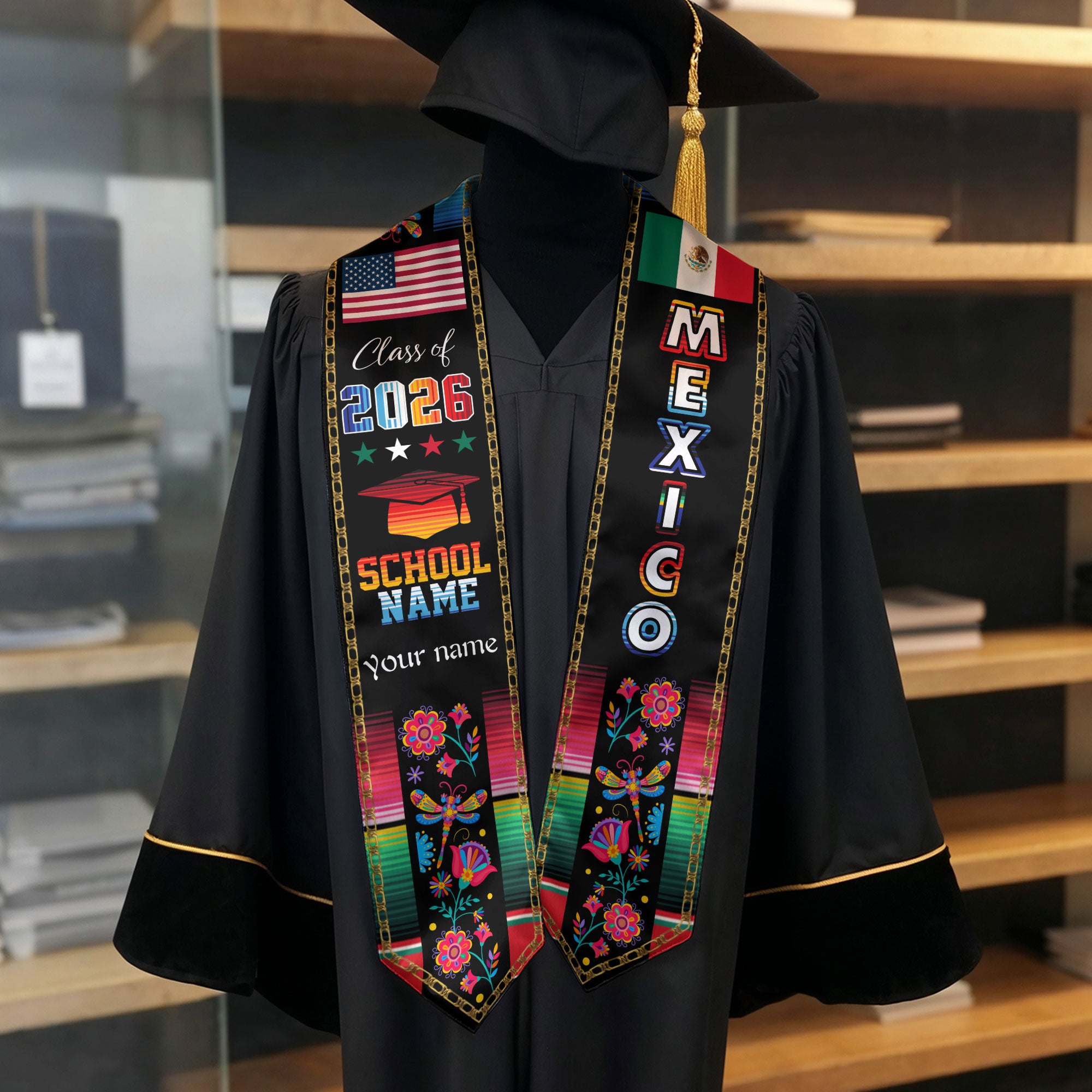 Custom Mexican Graduation Stole Mexico Sash Aztec Floral Butterfly Serape 2026