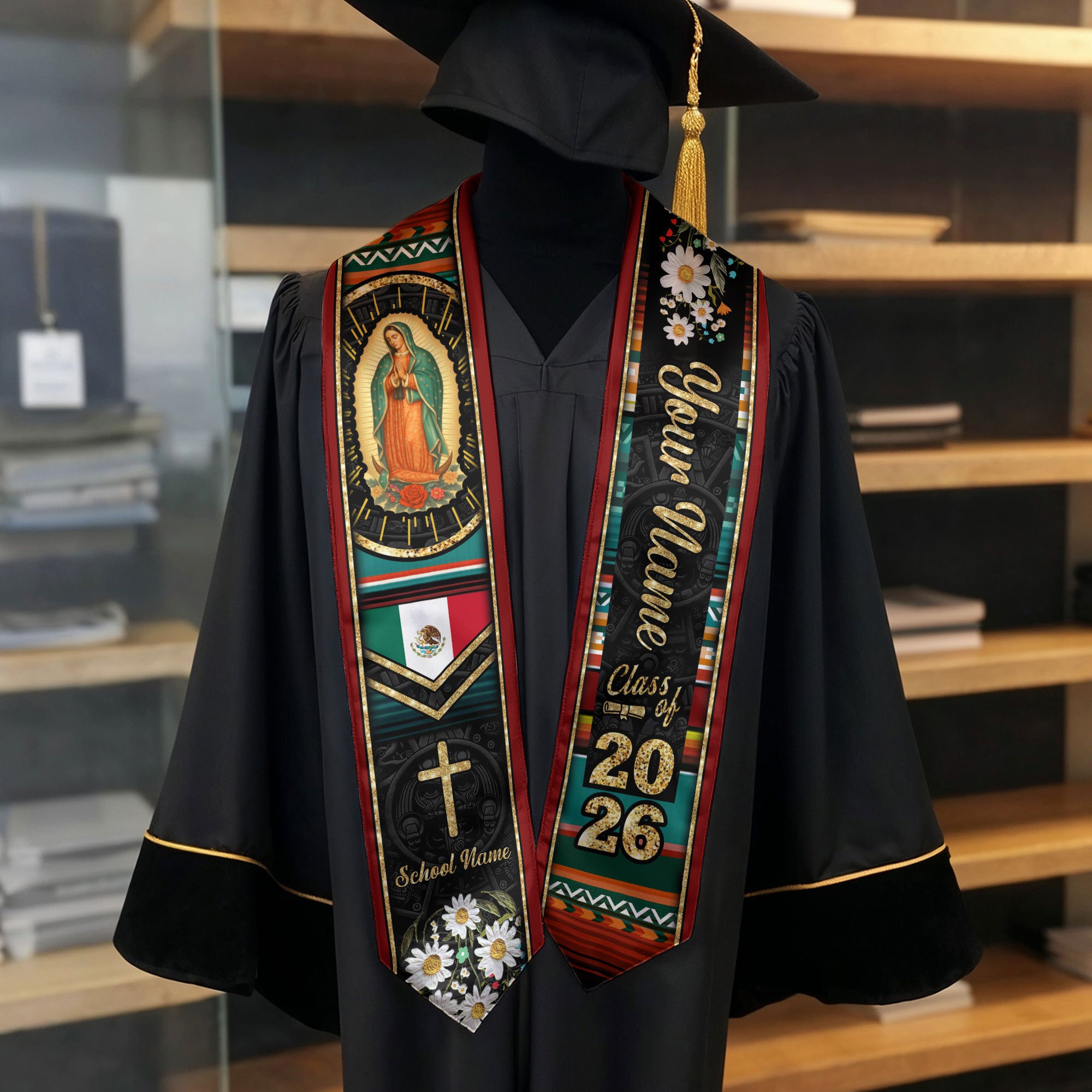 Customized Mexican Graduation Stole with National Flag Design, Graduation Sash for Class of 2026