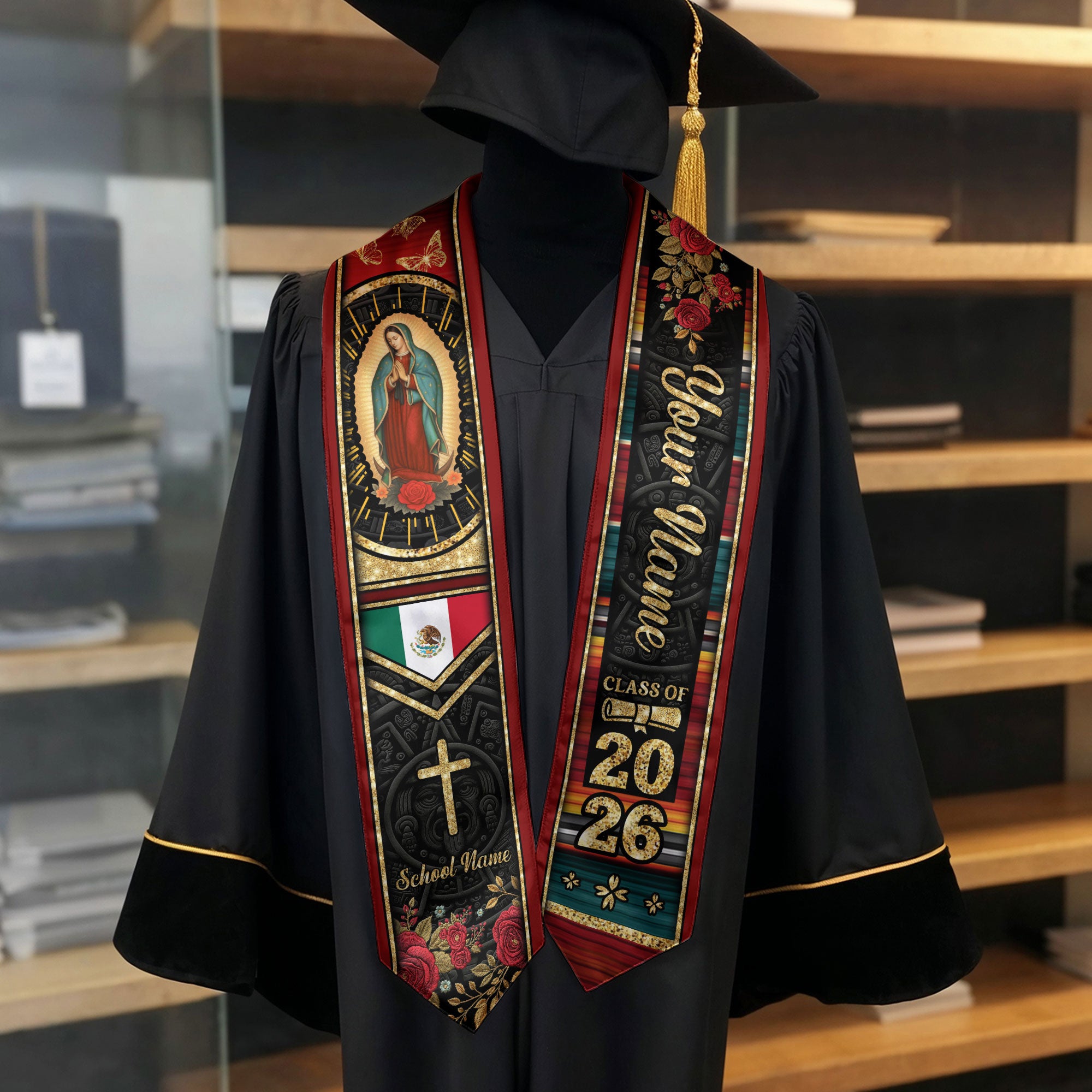 Customized Graduation Stole Mexico, Mexican Flag Style Graduation Sash for the Class of 2026