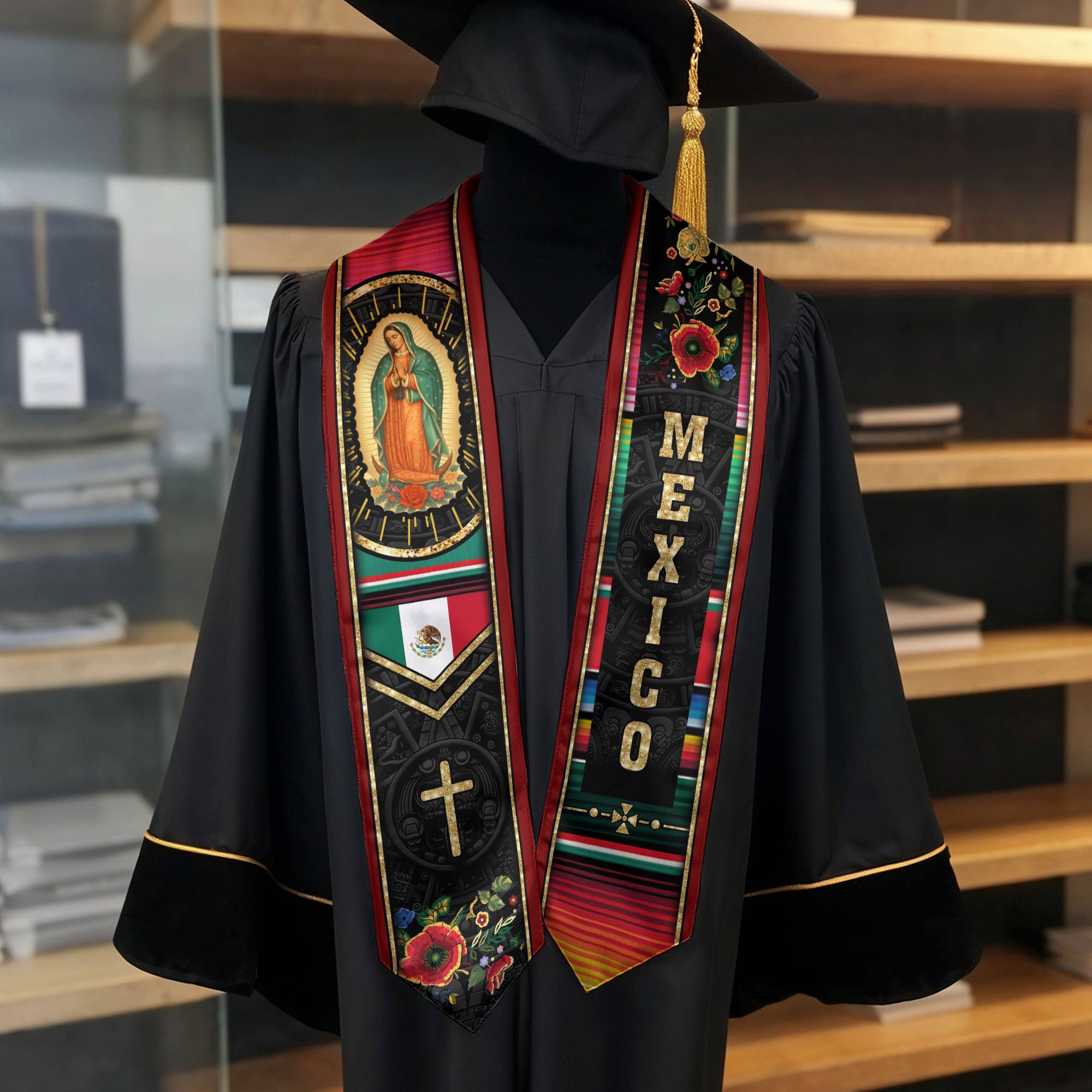 Mexican Graduation Stole Mexico Sash Aztec Virgin Mary Cross Serape Flowers