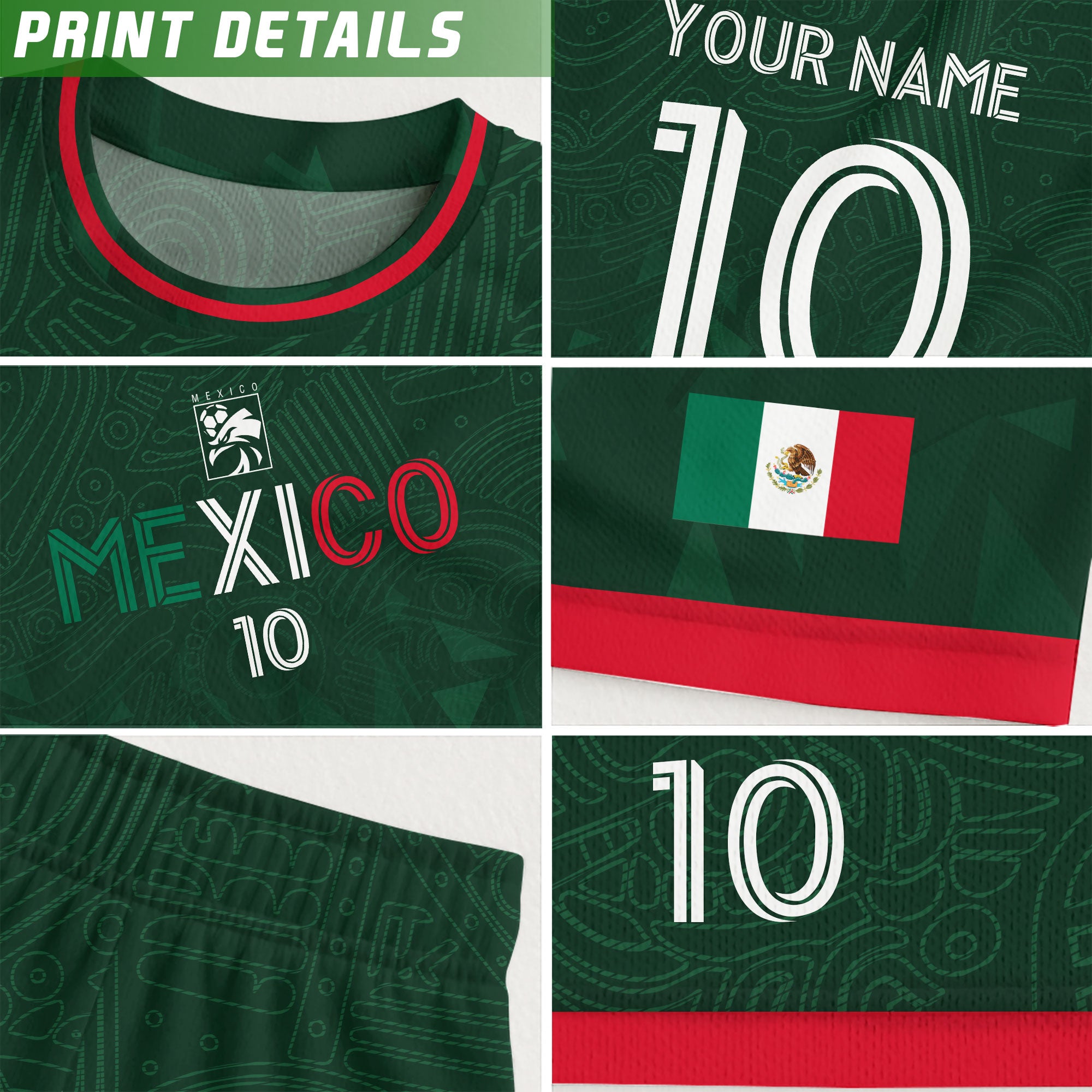 Custom Soccer Jersey Mexico Green Geometric Aztec Design