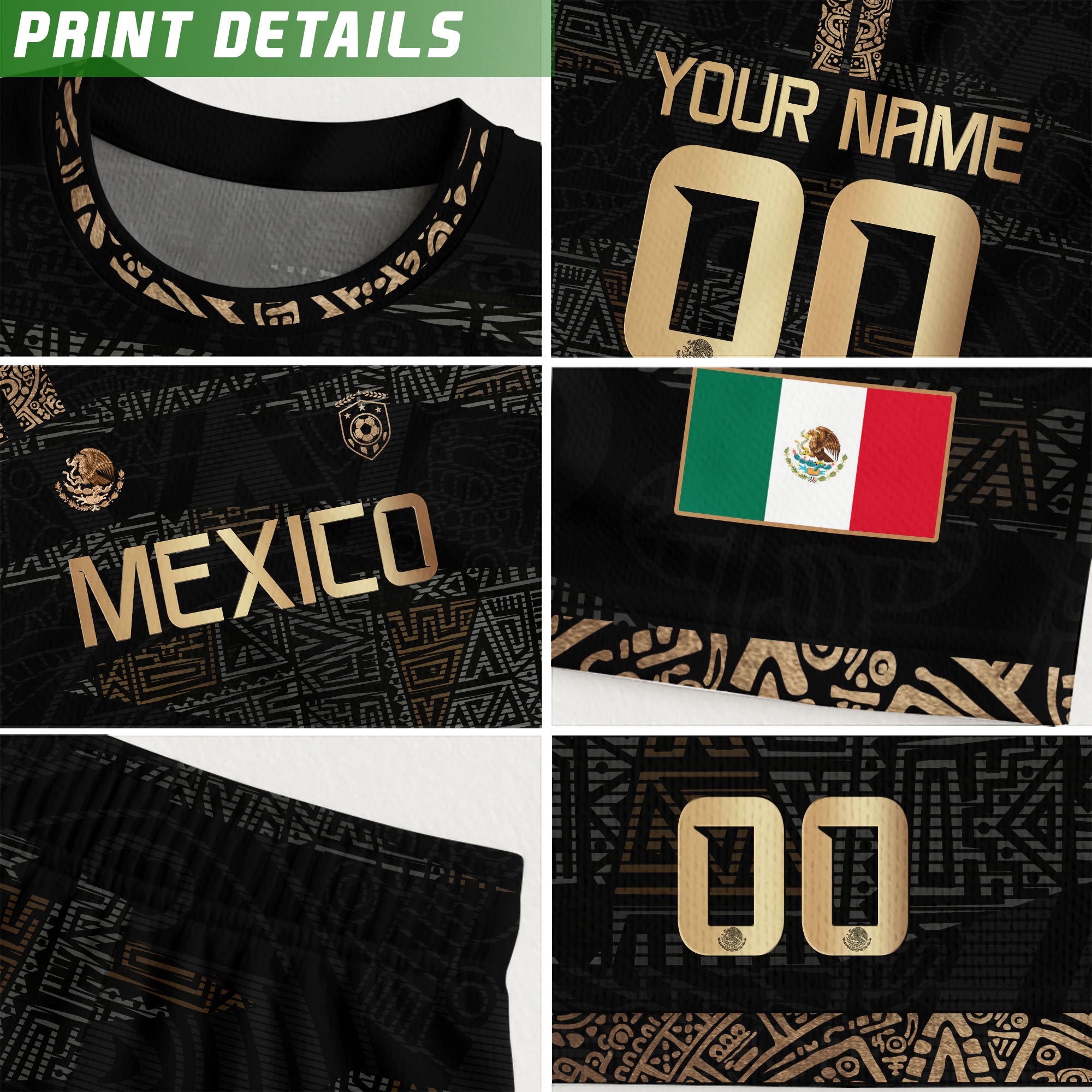 Custom Mexico Soccer Jersey and Shorts Set Black Gold Aztec