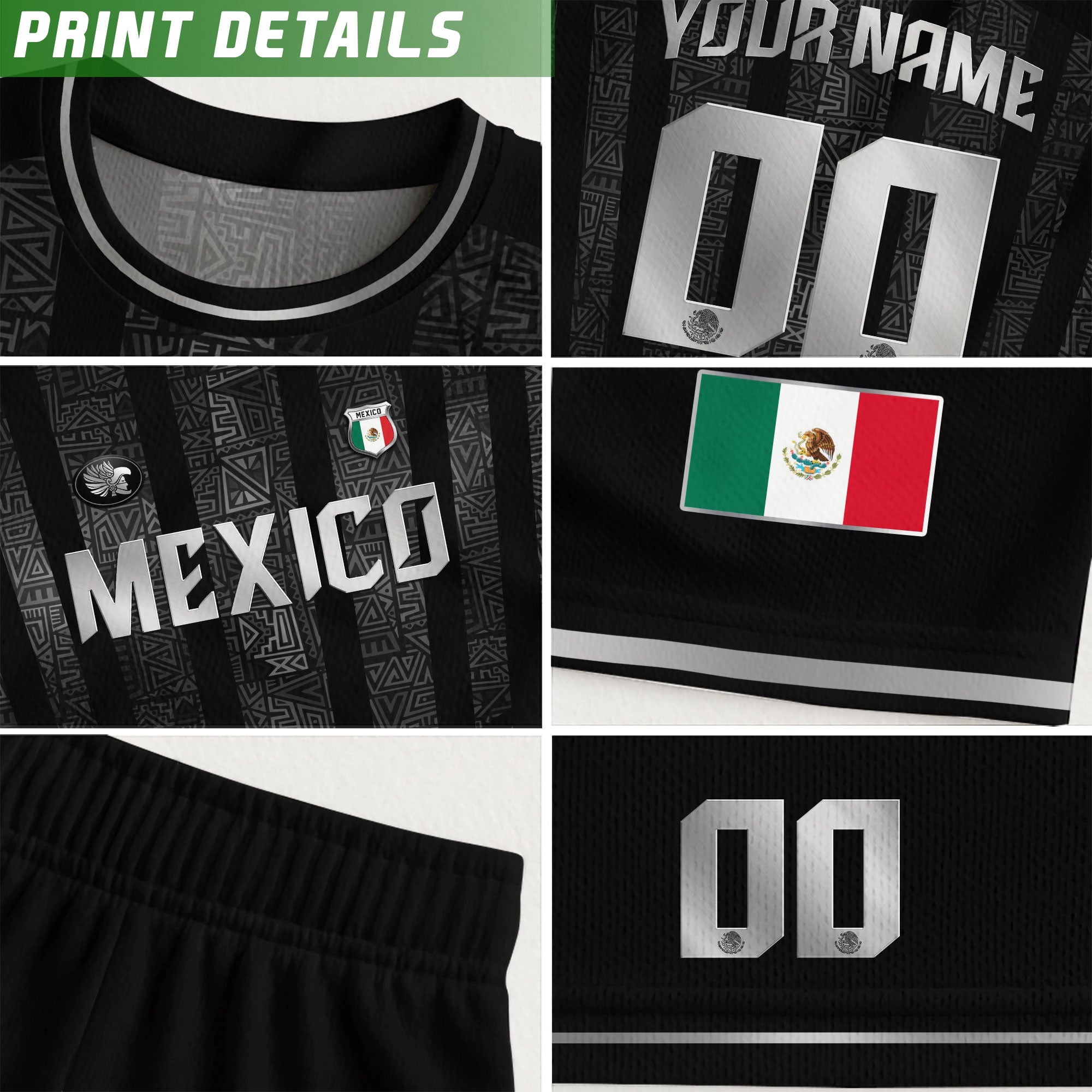 Mexico Custom Black Soccer Jersey with Silver Aztec Pattern
