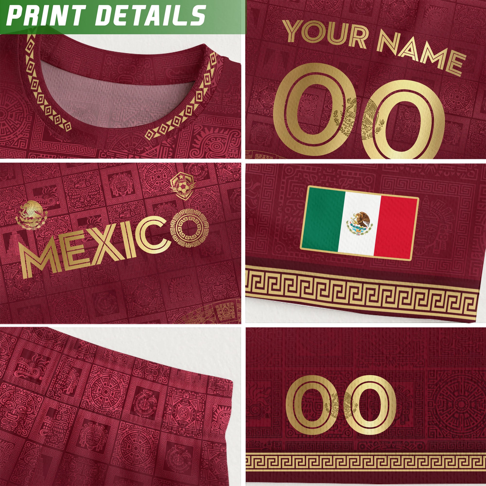 Mexico Custom Maroon with Golden Aztec Calendar Soccer Jersey