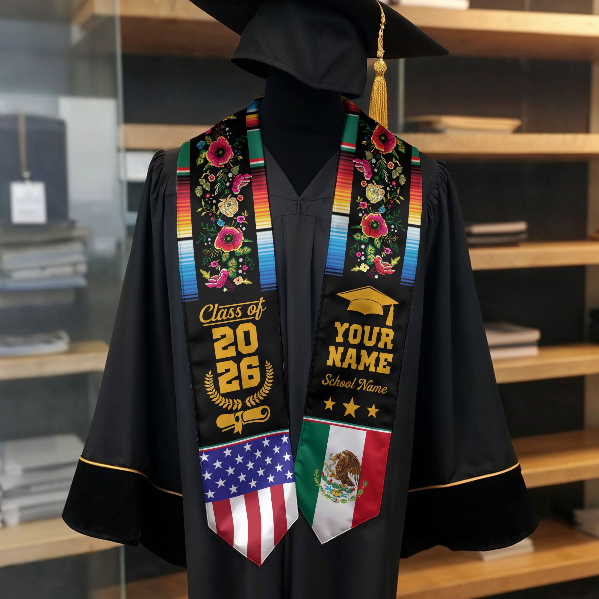 Custom Mexican Graduation Stole Mexico USA Flag Serape Floral Class 2026