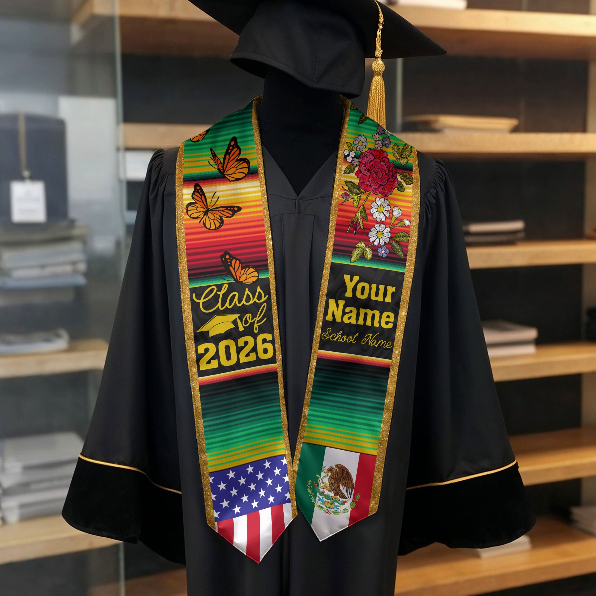 Custom Mexican Graduation Stole Mexico USA Flag Serape Butterfly Floral Class 2026
