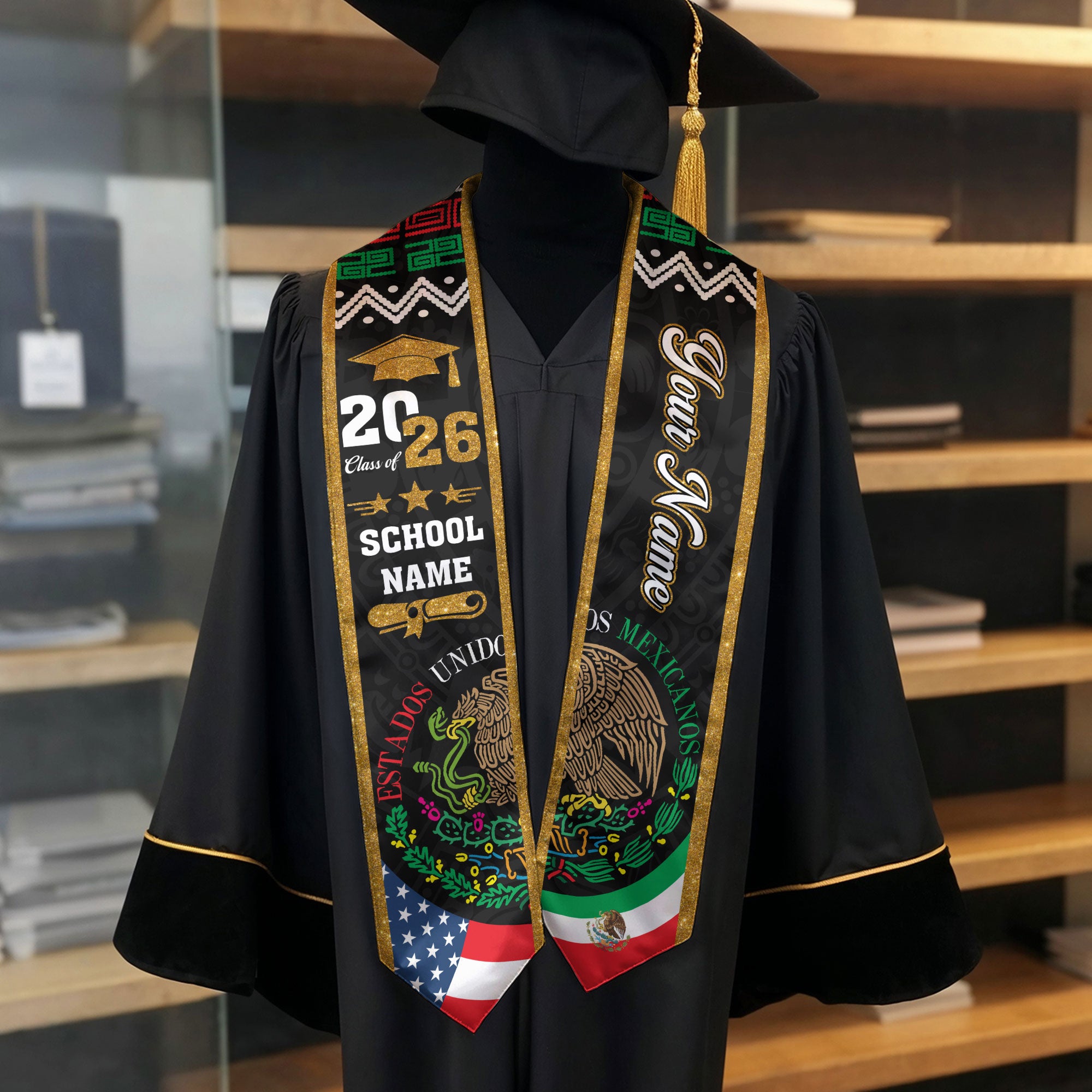 Custom Mexican Graduation Stole Mexico USA Flag Aztec Eagle Glitter Class 2026