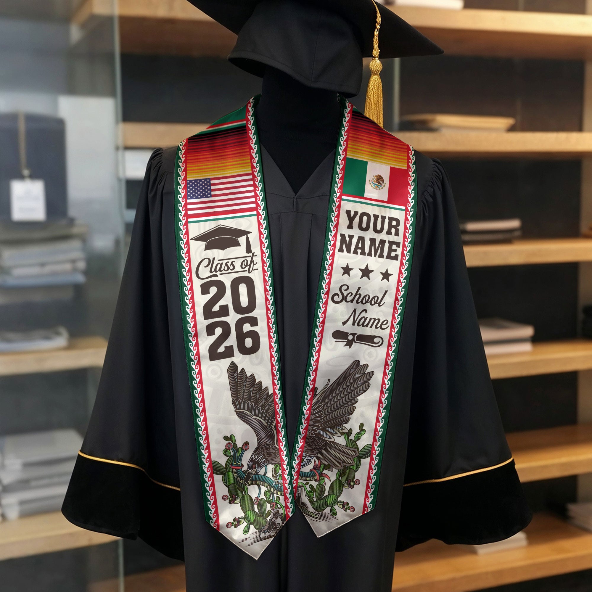 Custom Mexican Graduation Stole Mexico USA Flag Eagle Serape Class 2026
