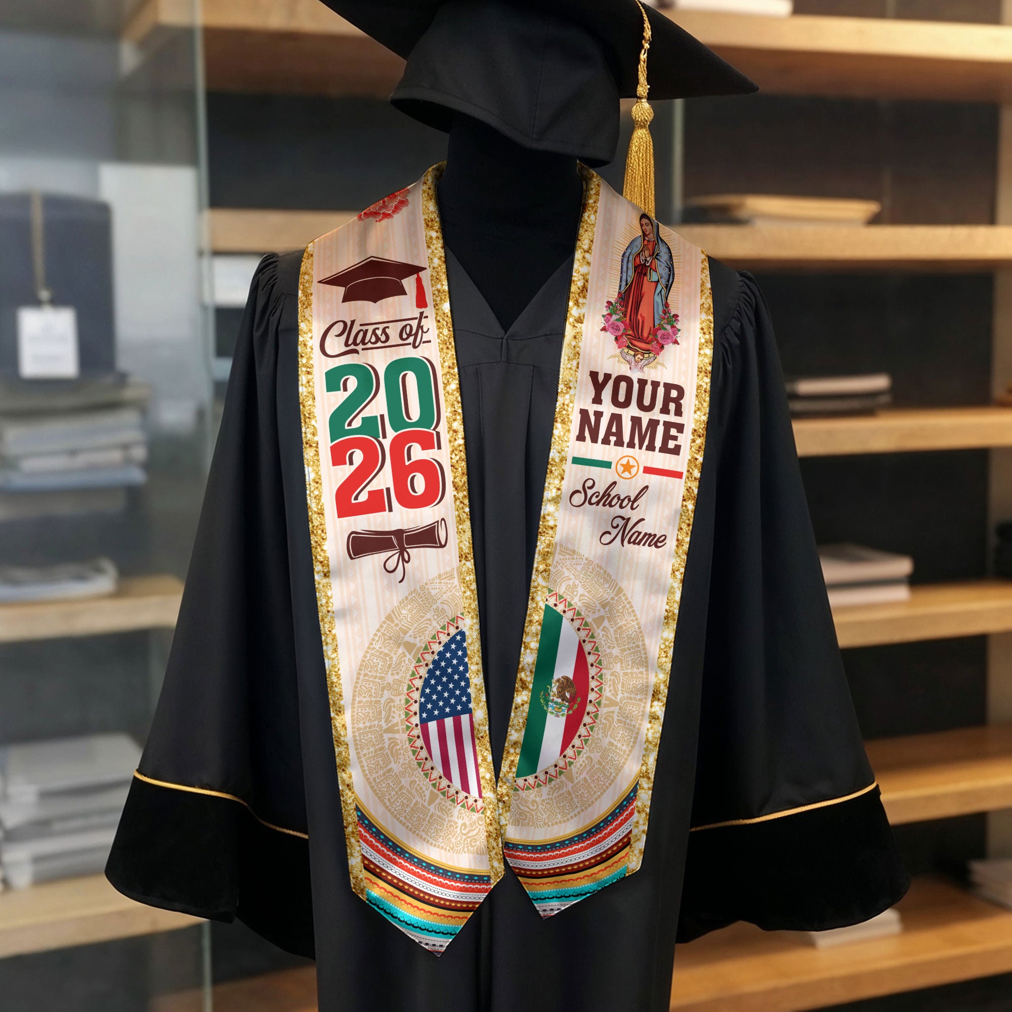 Custom Mexican Graduation Stole Aztec Calendar Virgin Mary USA Mexico Flag 2026