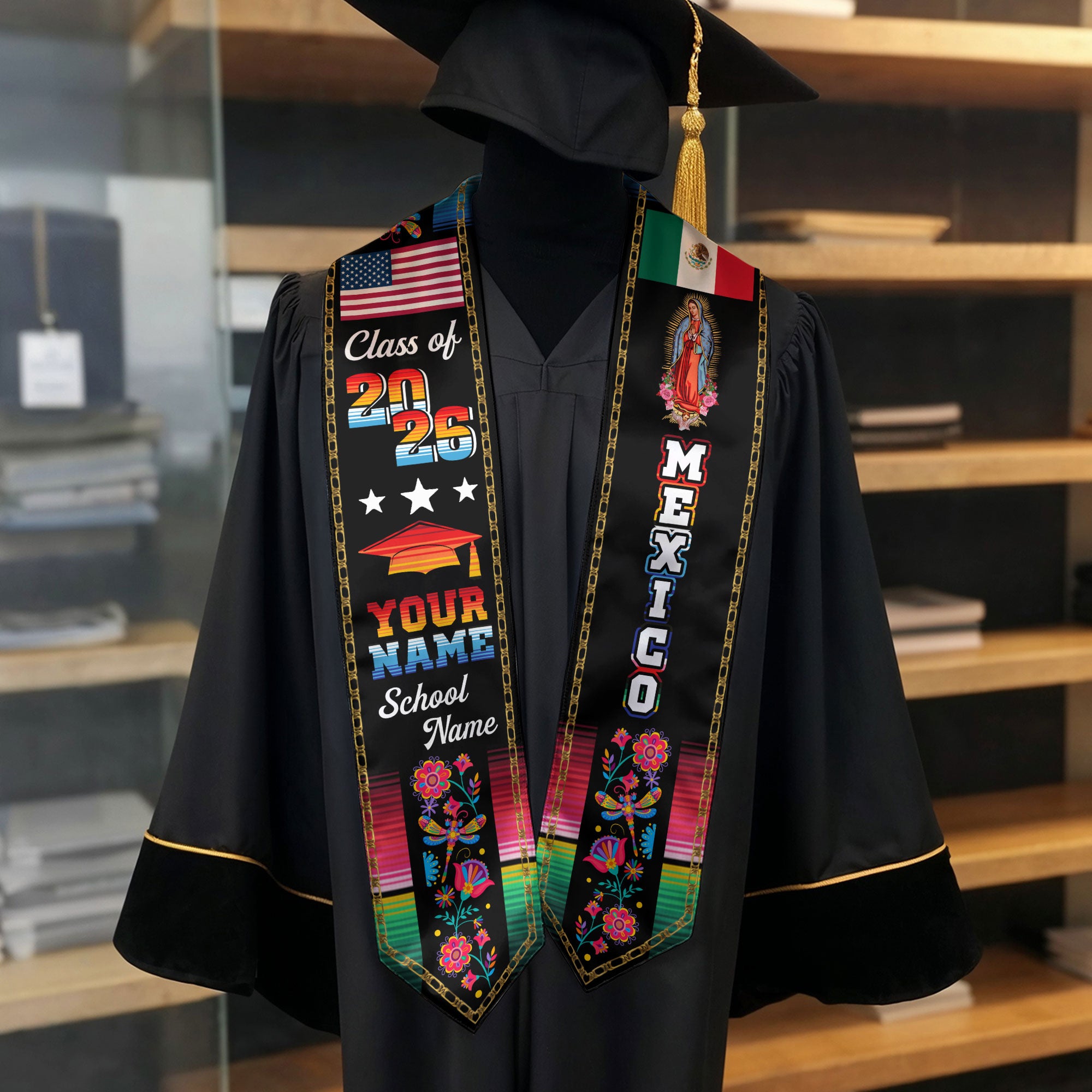 Custom Mexican Graduation Stole 2026 Aztec Floral Butterfly Virgin Mary USA Mexico Flag