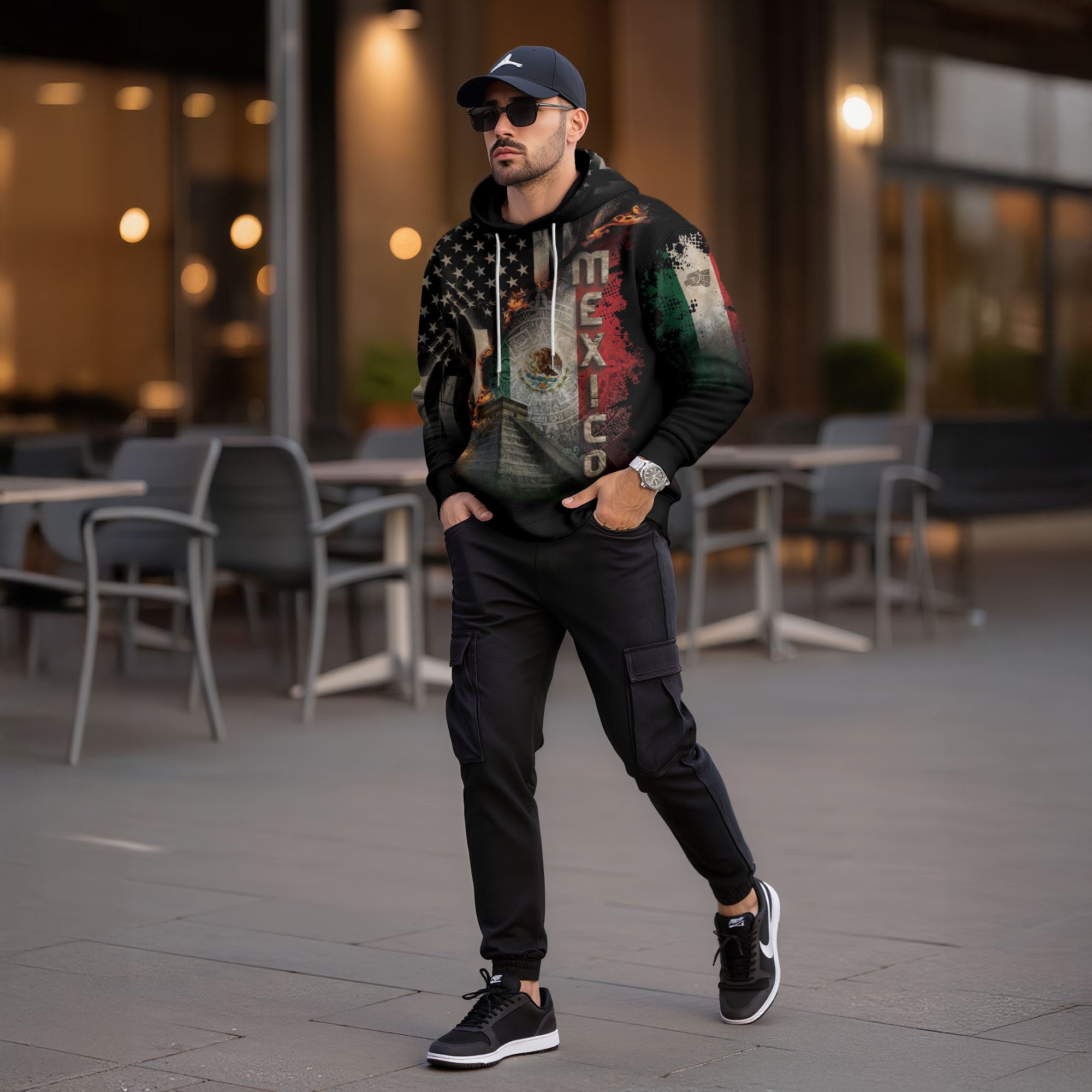 Mexico USA Flag Aztec Pyramid Heritage Unity Warrior Hoodie