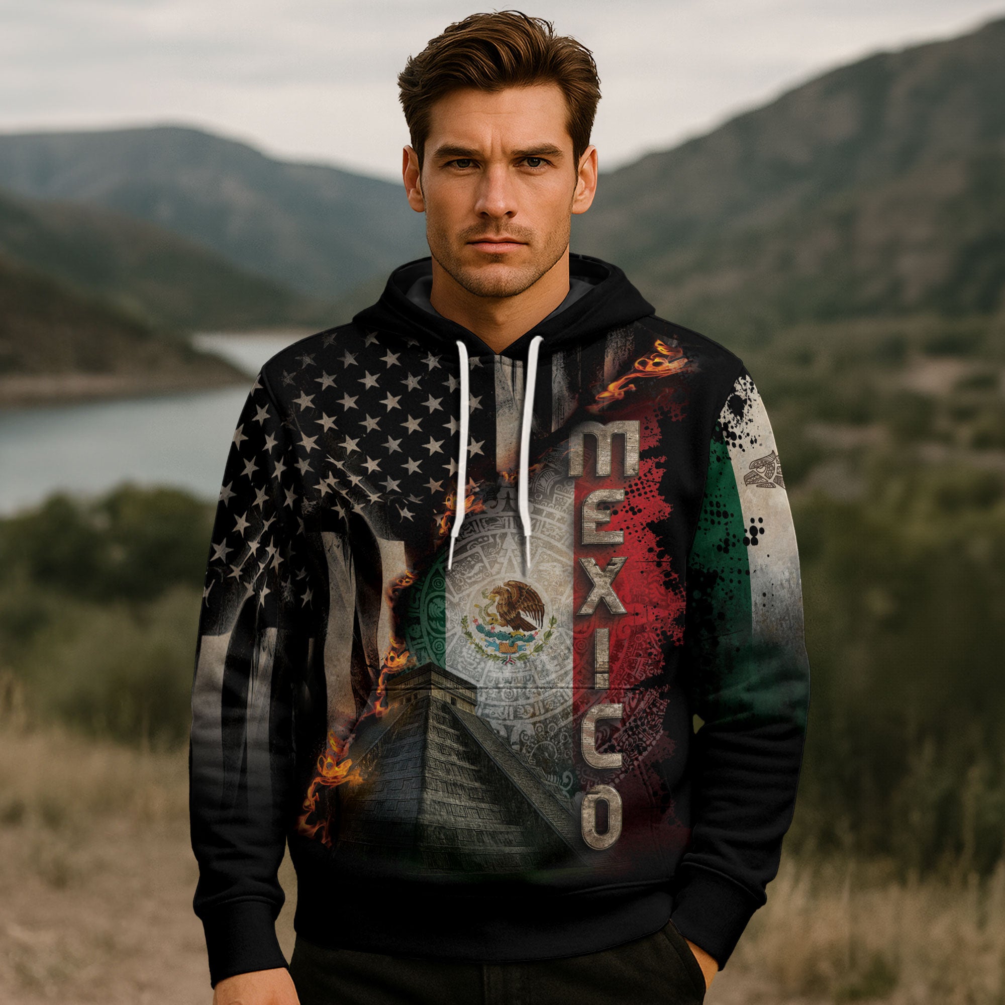Mexico USA Flag Aztec Pyramid Heritage Unity Warrior Hoodie