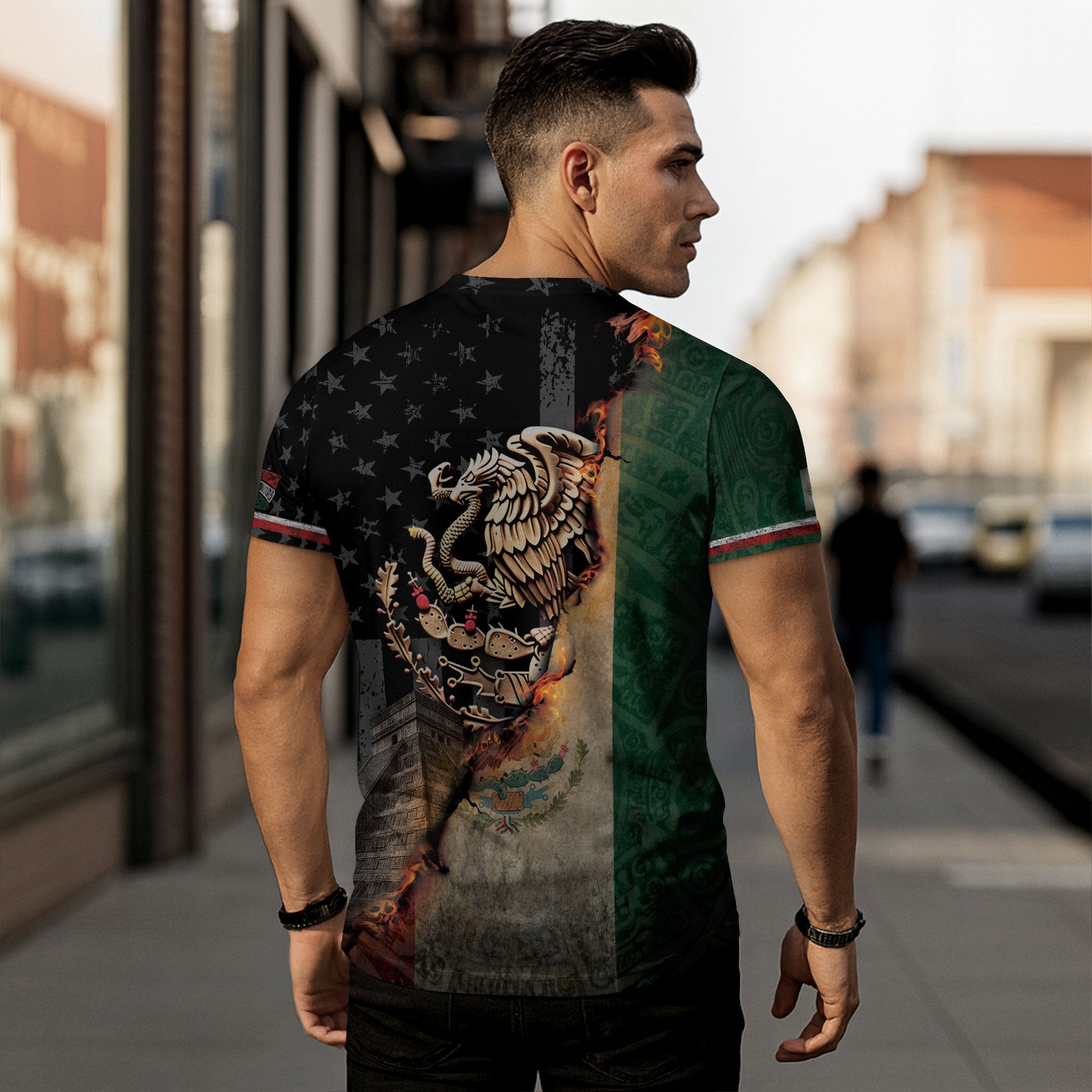 Mexico Flag Golden Eagle Fire Aztec Pyramid Heritage Power Pride Shirt