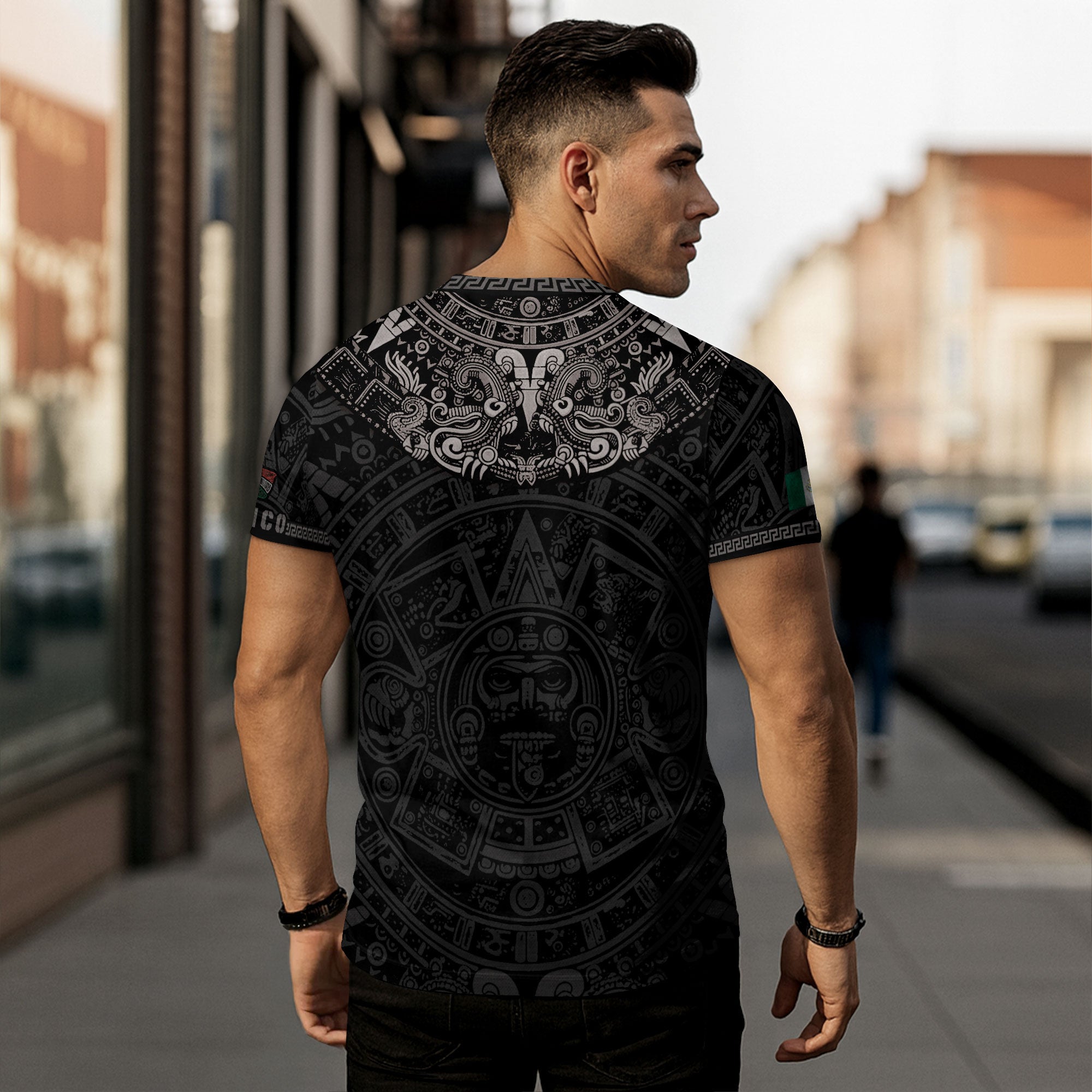 Aztec Sun Stone Black Pattern Mexico Heritage Shirt