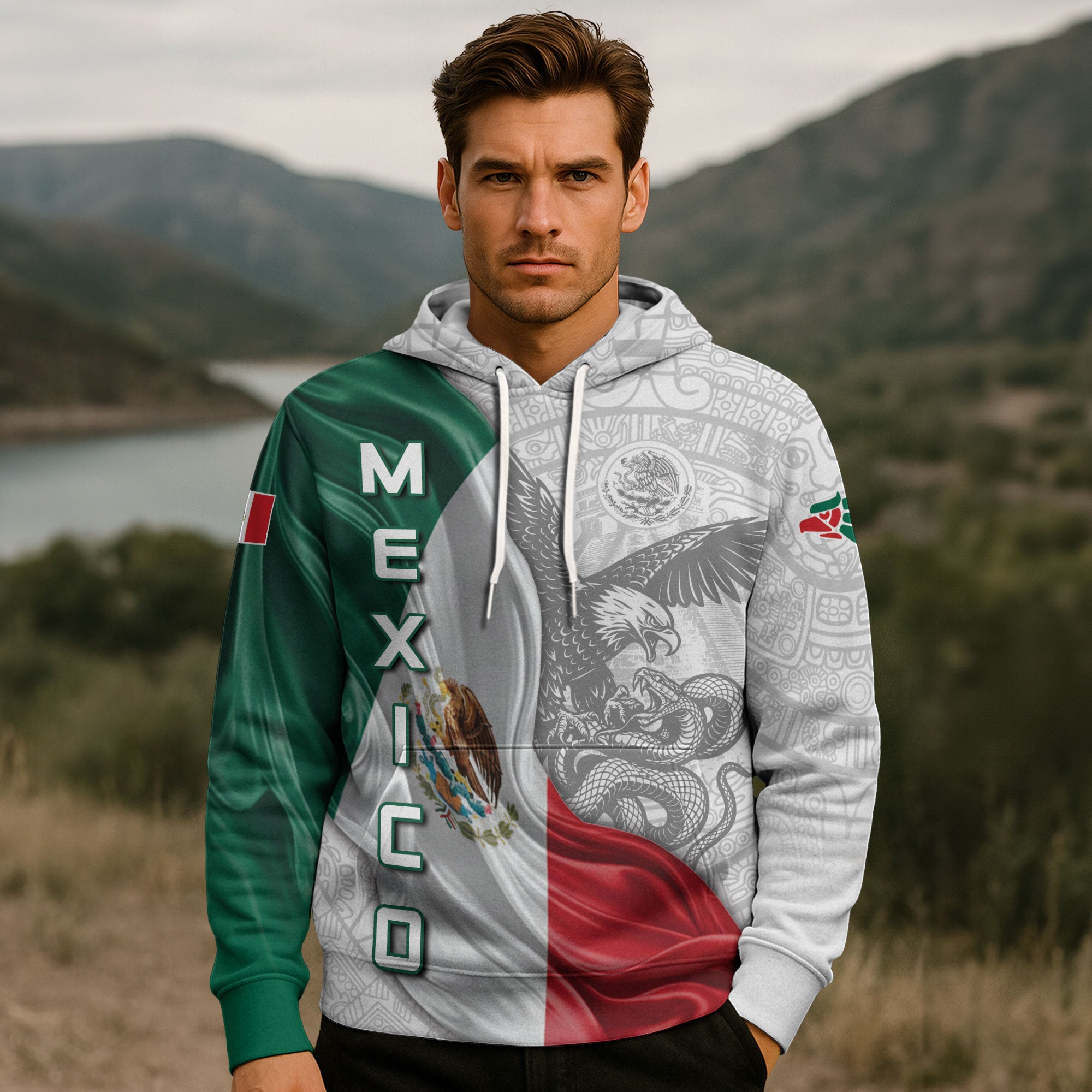 Mexico Flag Eagle Serpent Aztec Pattern Heritage National Pride Hoodie