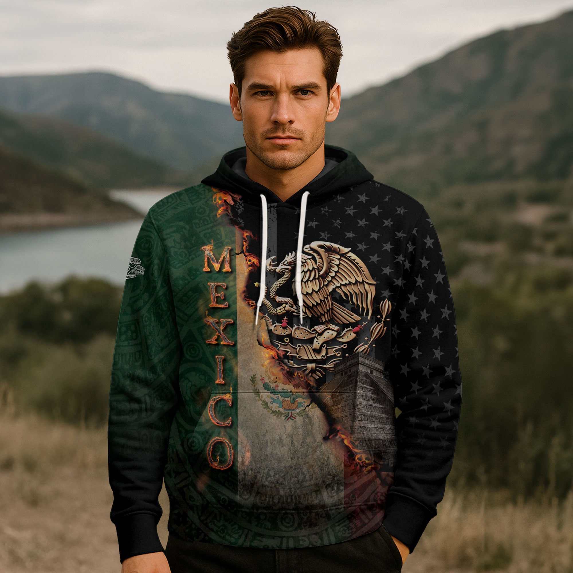 Mexico Flag Golden Eagle Fire Aztec Pyramid Heritage Power Warrior Hoodie