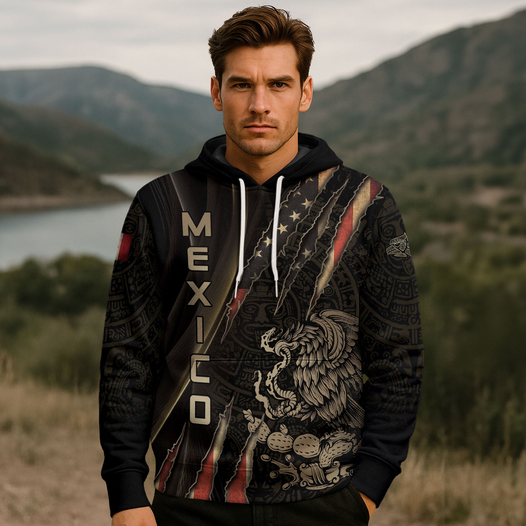 Mexico Black Gold Eagle Claw Aztec Pattern Heritage Warrior Pride Power Hoodie