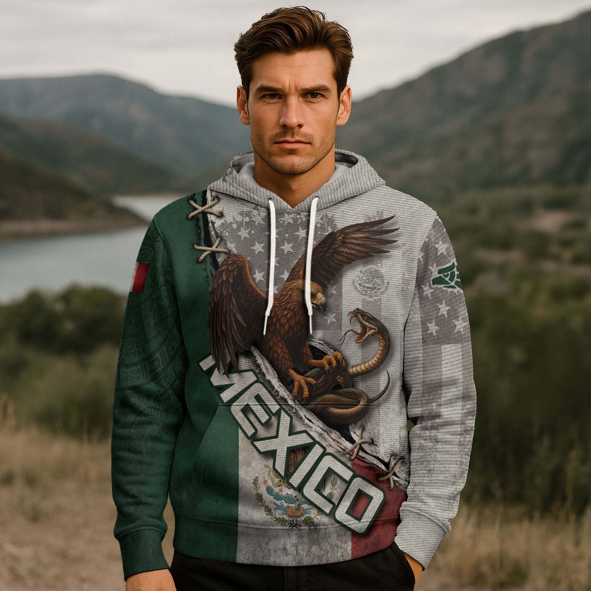 Mexico Flag Eagle Serpent Aztec Pattern Heritage Power Warrior Pride Hoodie