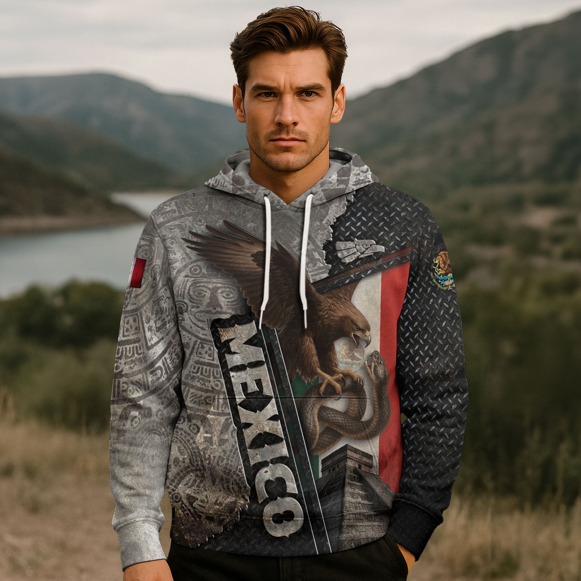 Mexico Flag Eagle Serpent Aztec Pyramid Stone Steel Heritage Warrior Pride Hoodie