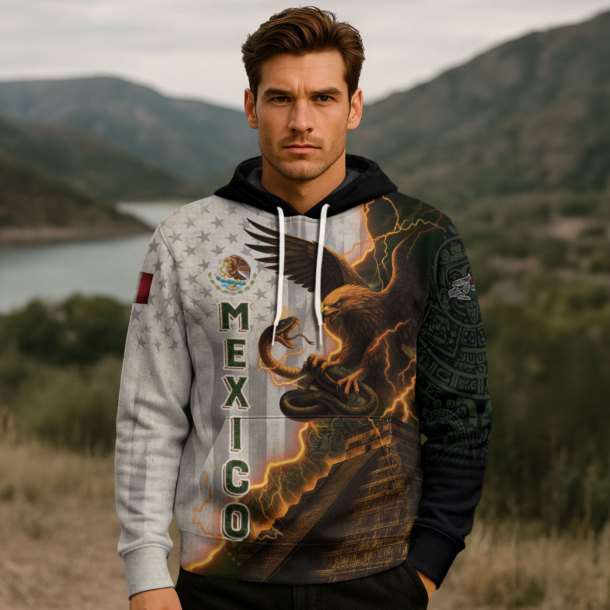 Mexico Flag Eagle Serpent Lightning Aztec Pyramid Heritage Power Pride Hoodie