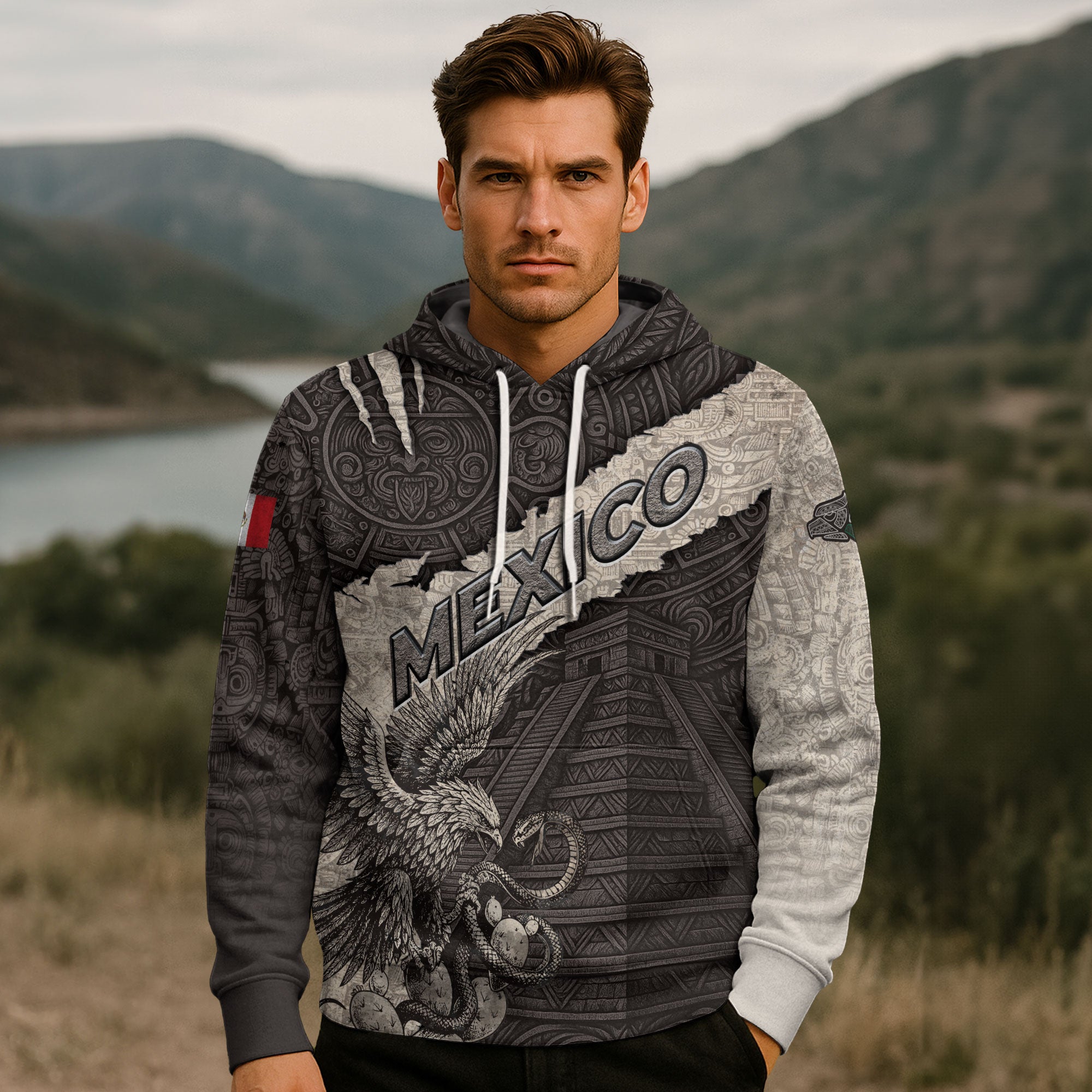 Mexico Aztec Pyramid Eagle Serpent Heritage Stone Pattern Warrior Pride Hoodie