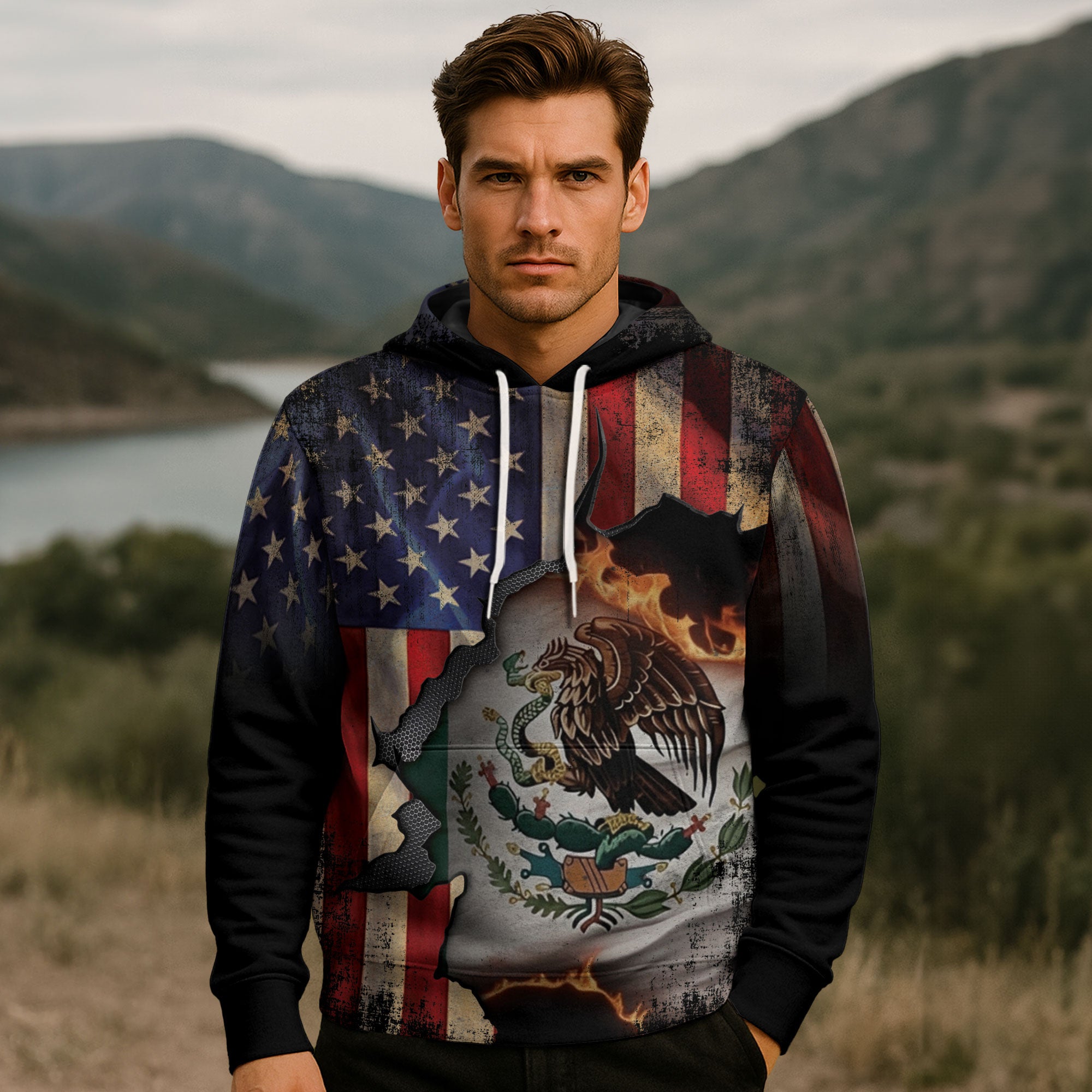 Mexico USA Flag Eagle Heritage Burn Through Pride Unity Warrior Hoodie