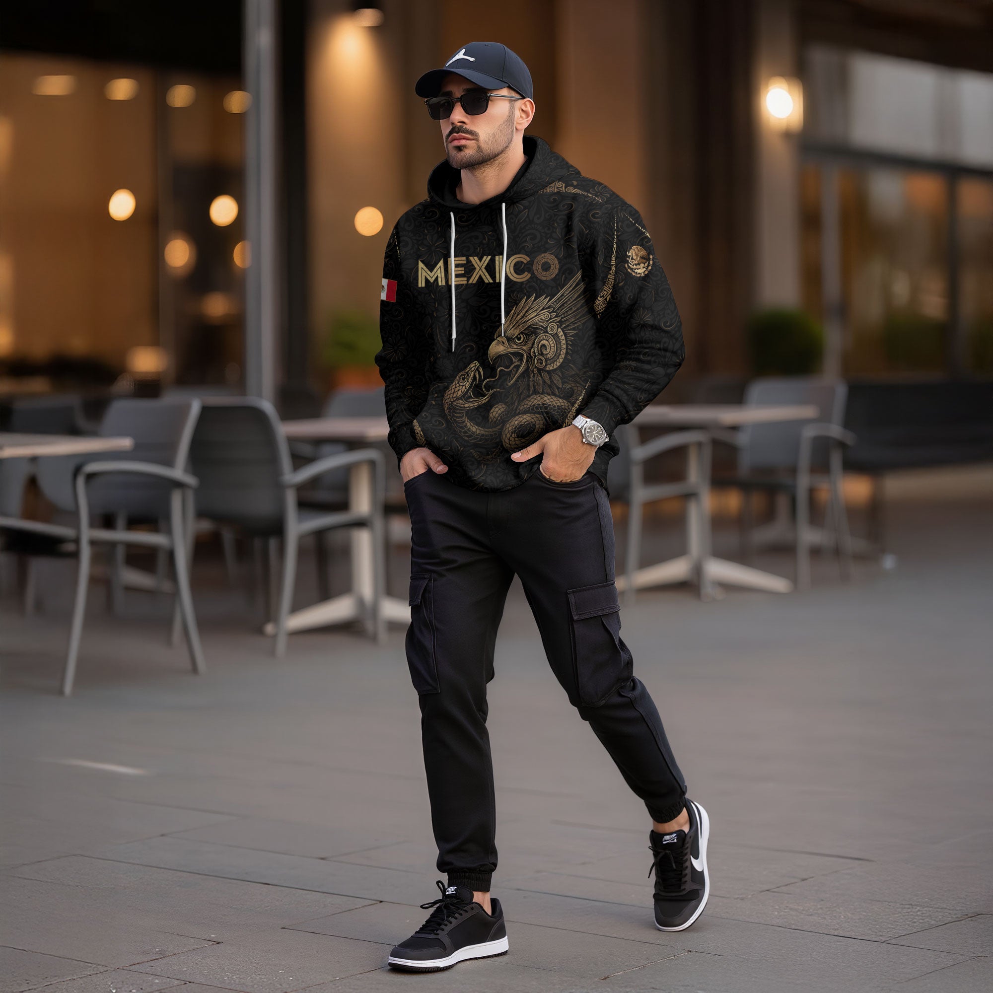 Mexican Gold Eagle Snake Floral Pattern Mens Sudadera De Mexico Heritage Hoodie