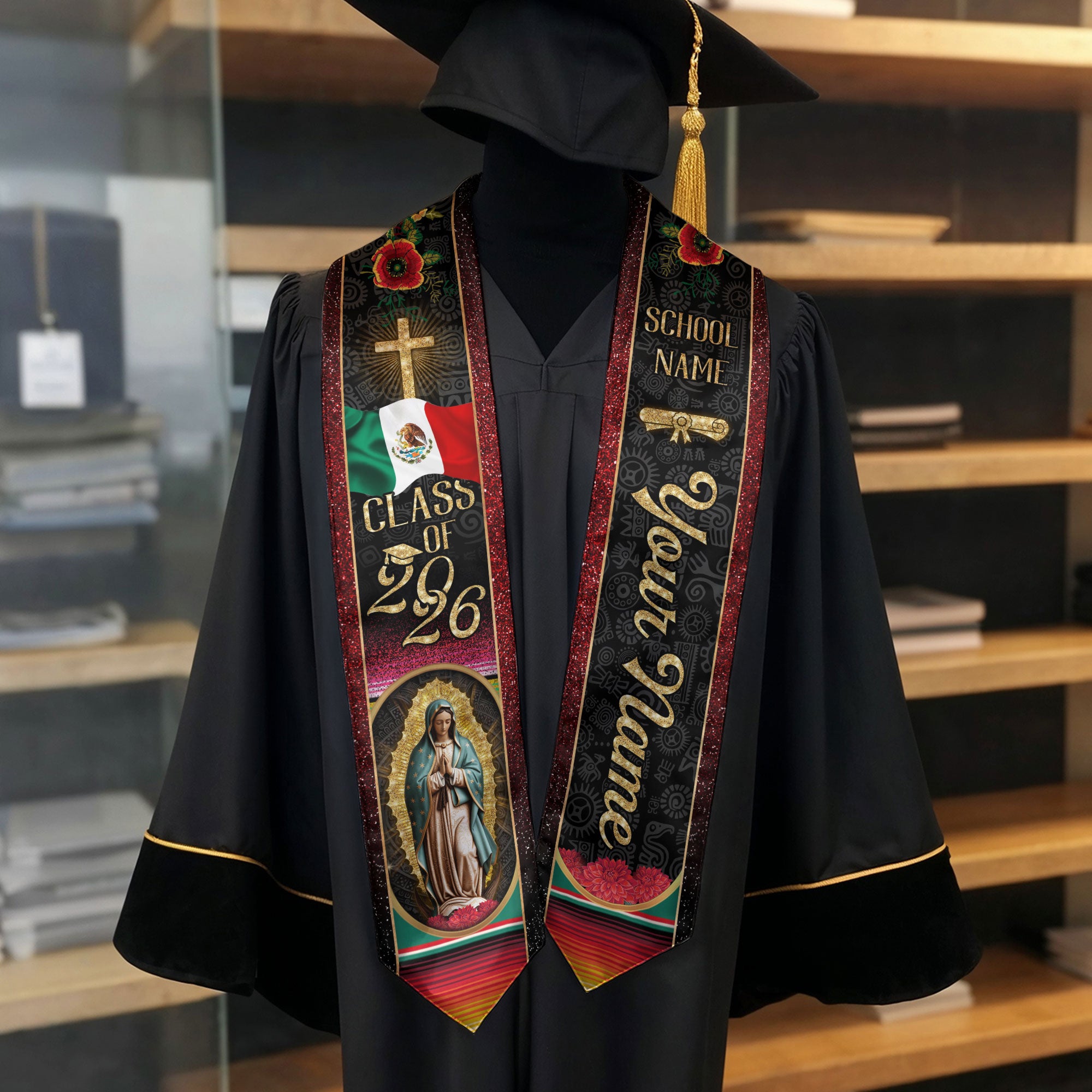 Custom Mexican Graduation Stole Class of 2026 Aztec Pattern Mexico Sash Virgin Mary