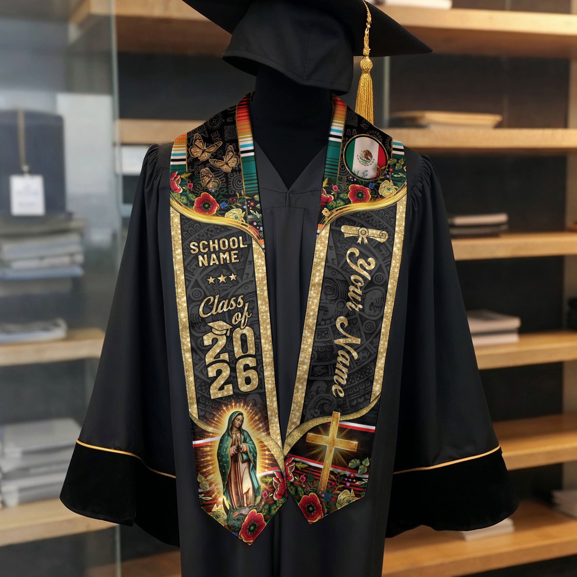 Custom Mexican Graduation Stole 2026 Mexico Sash Butterfly Virgin Mary Aztec Patterns