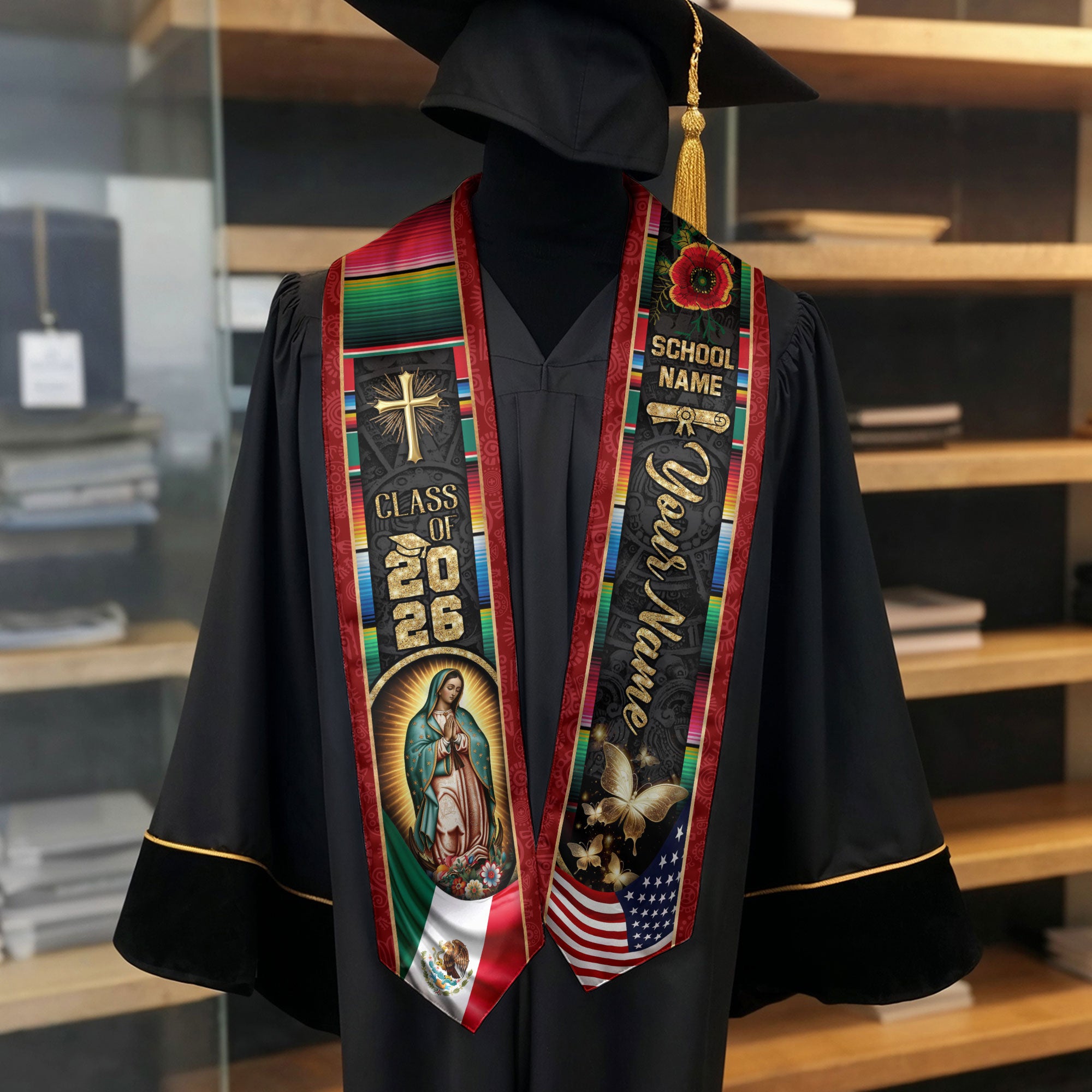 Custom Mexican Graduation Stole 2026 Mexico Sash Virgin Mary Butterfly Aztec Patterns