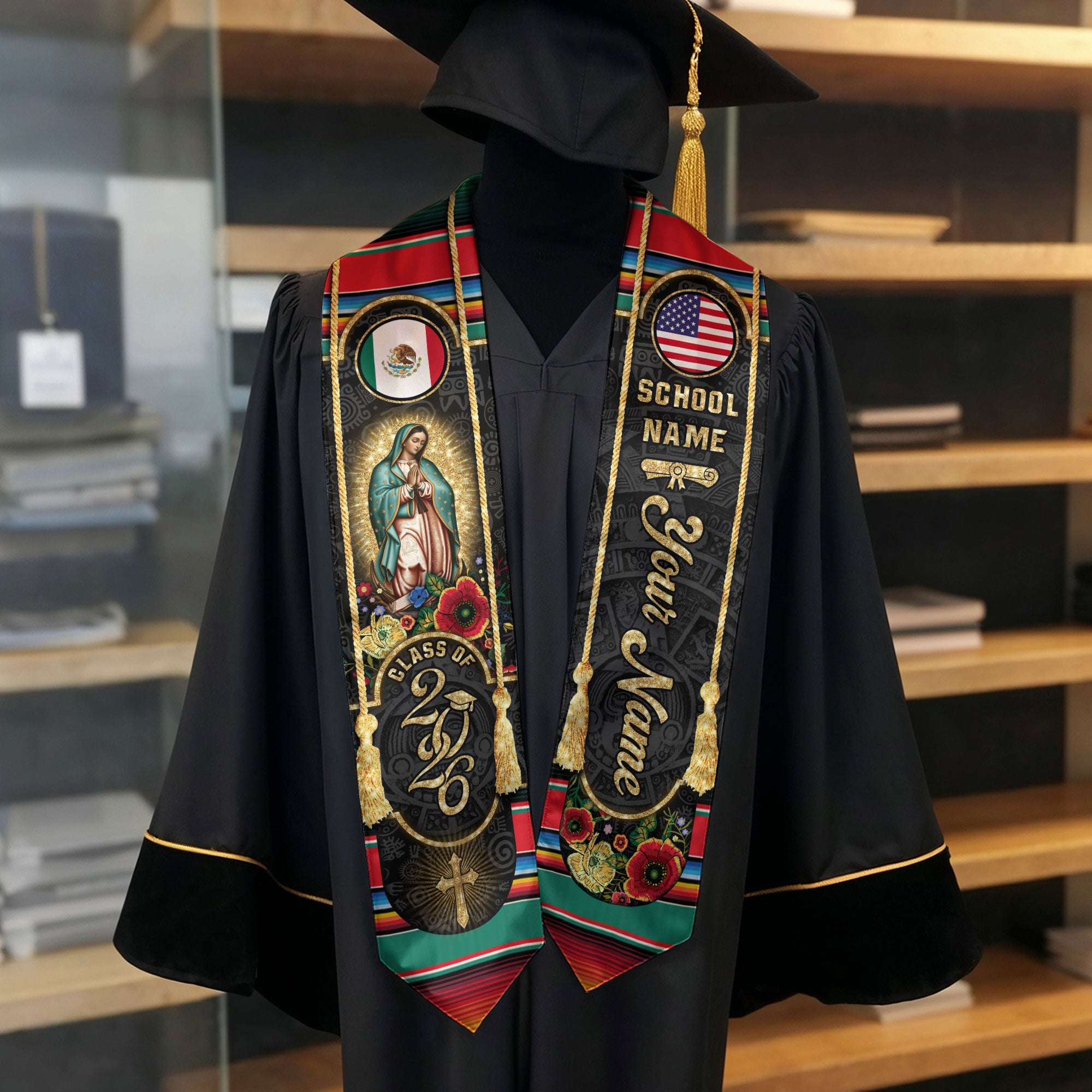 Custom Mexican USA Flag Graduation Stole 2026 Mexico Sash Virgin Mary Cross Aztec Patterns
