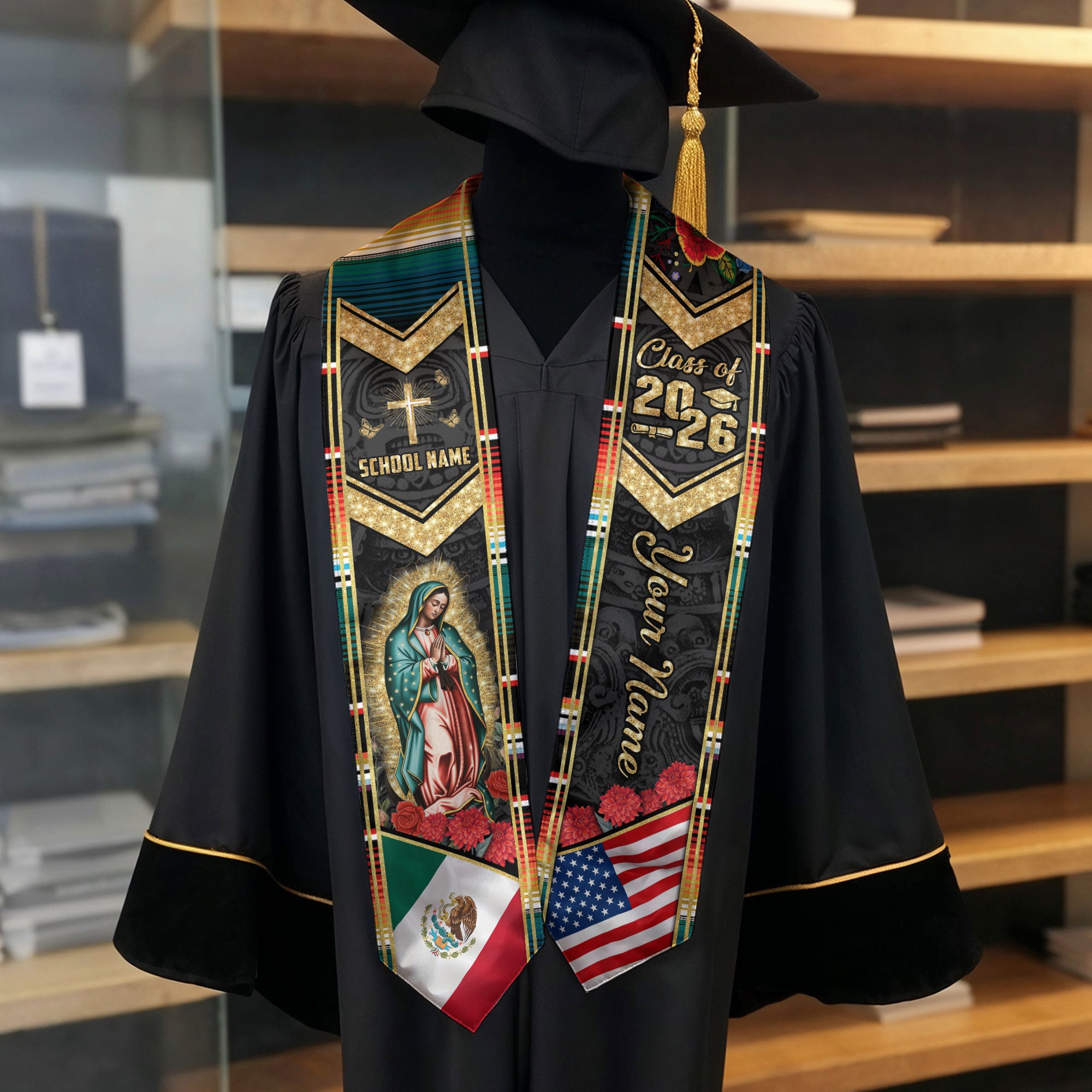 Custom Mexican Graduation Stole 2026 Virgin Mary Cross USA Flag Aztec Patterns Sash