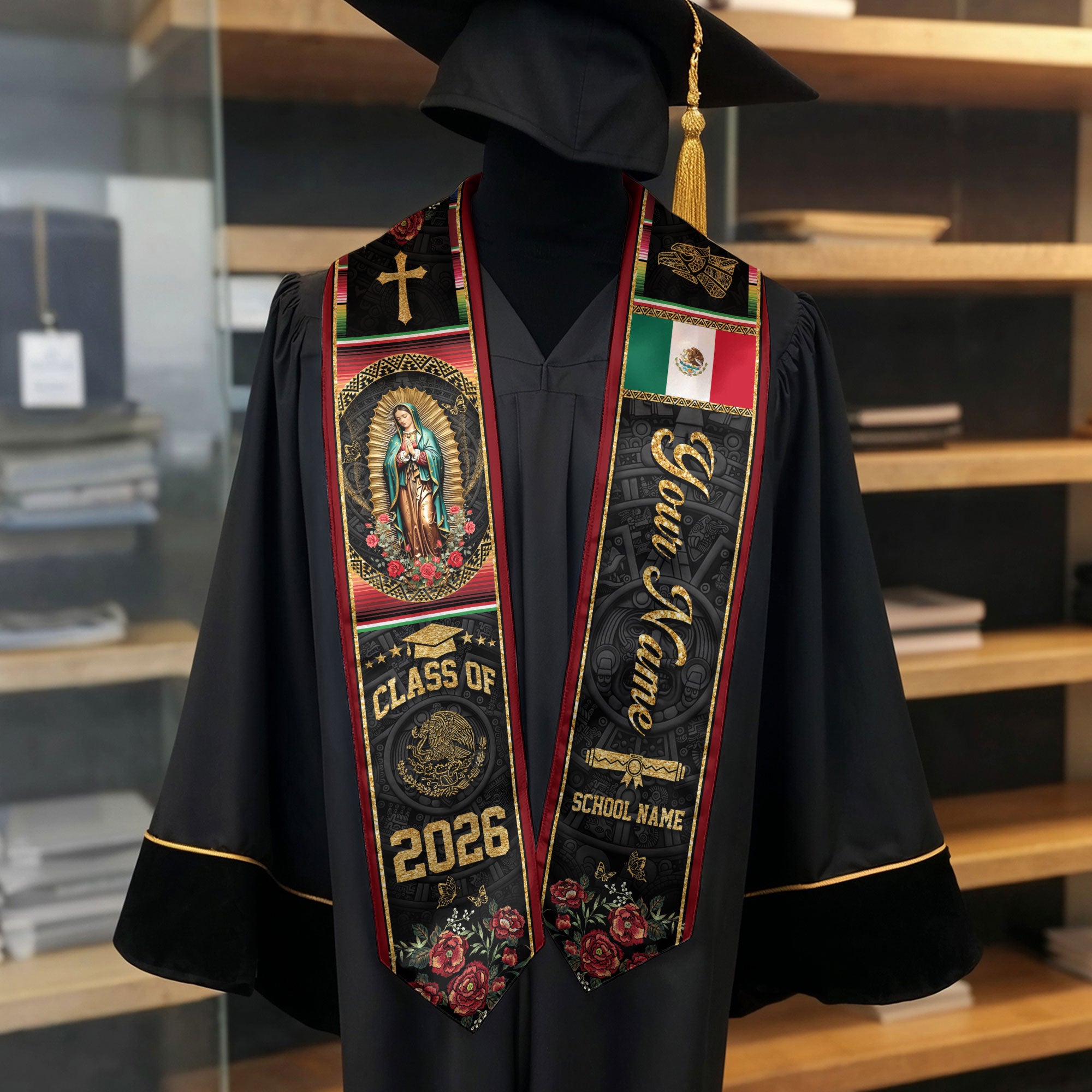 Custom Mexican Graduation Stole 2026 Virgin Mary Cross Flag Aztec Pattern Mexico Sash