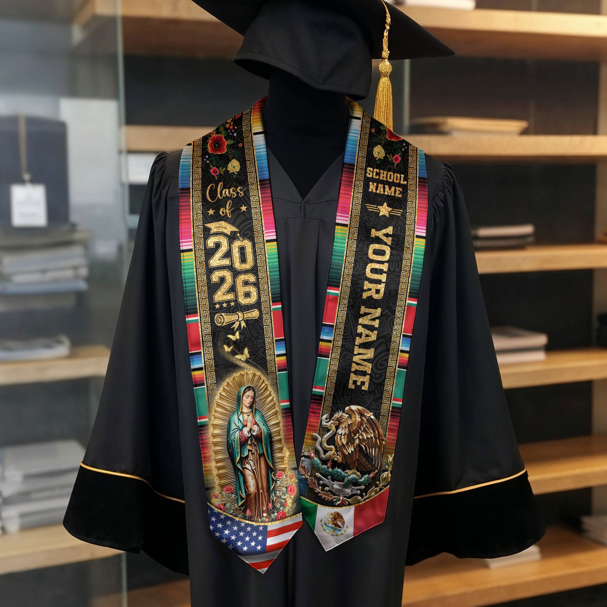 Mexican Graduation Stole Aztec Pattern Eagle Virgin Mary Flag Custom Sash 2026