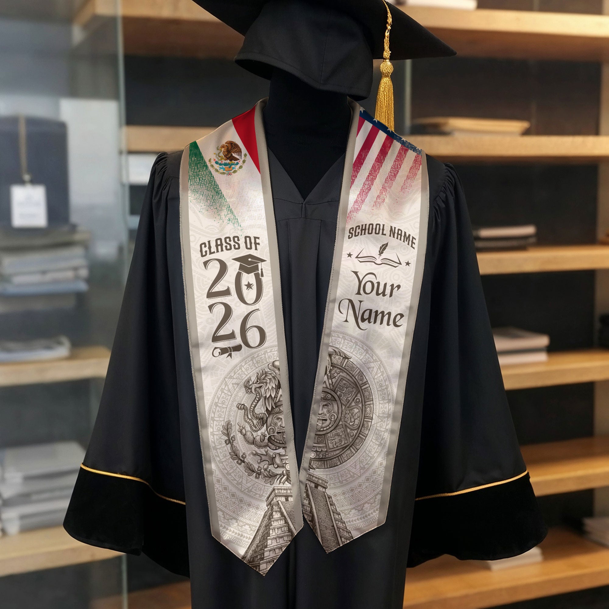 Mexican Graduation Stole Aztec Calendar Pyramid Eagle USA Mexico Flag Custom Sash