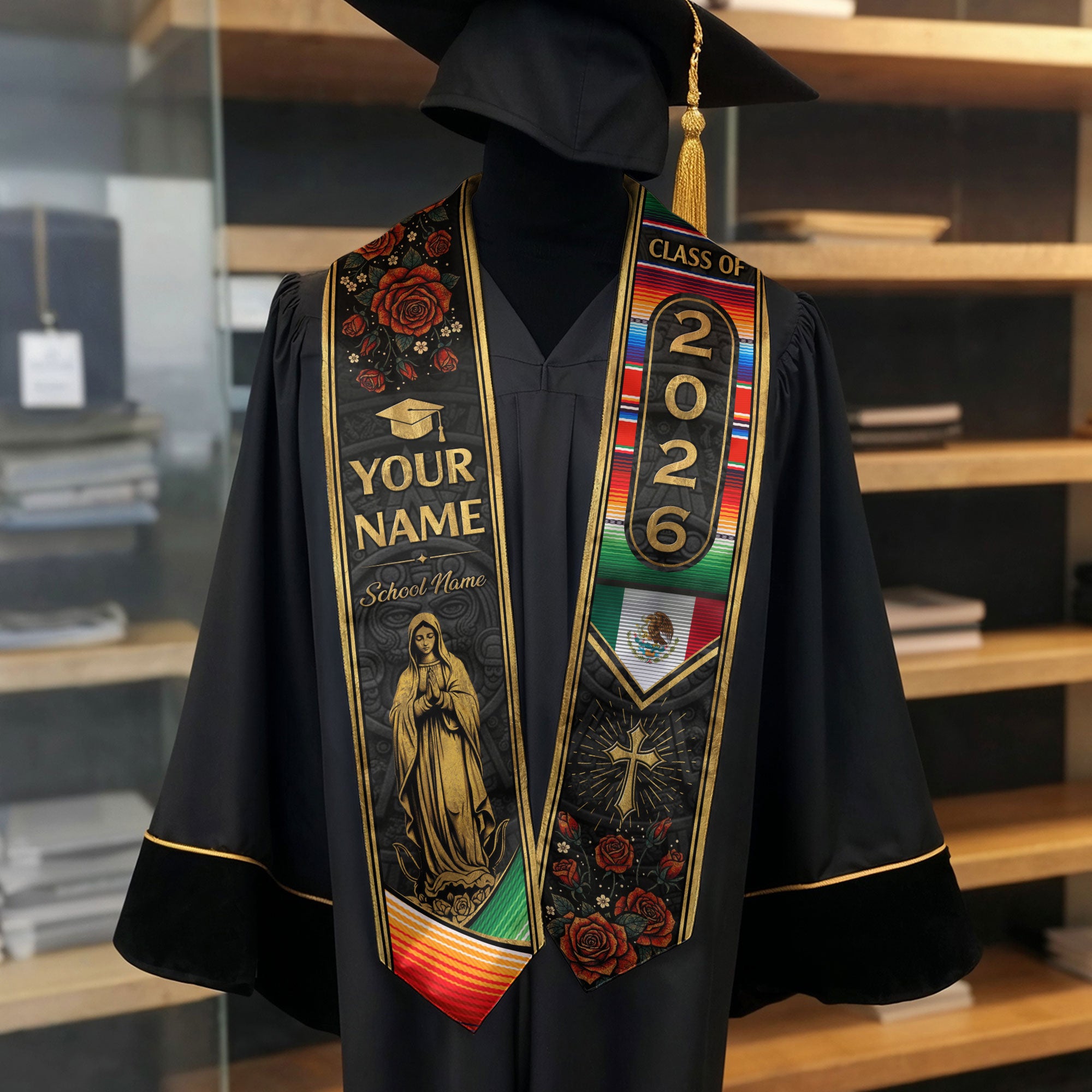 Mexican Graduation Stole Aztec Pattern Virgin Mary Cross Rose Serape Custom Sash 2026