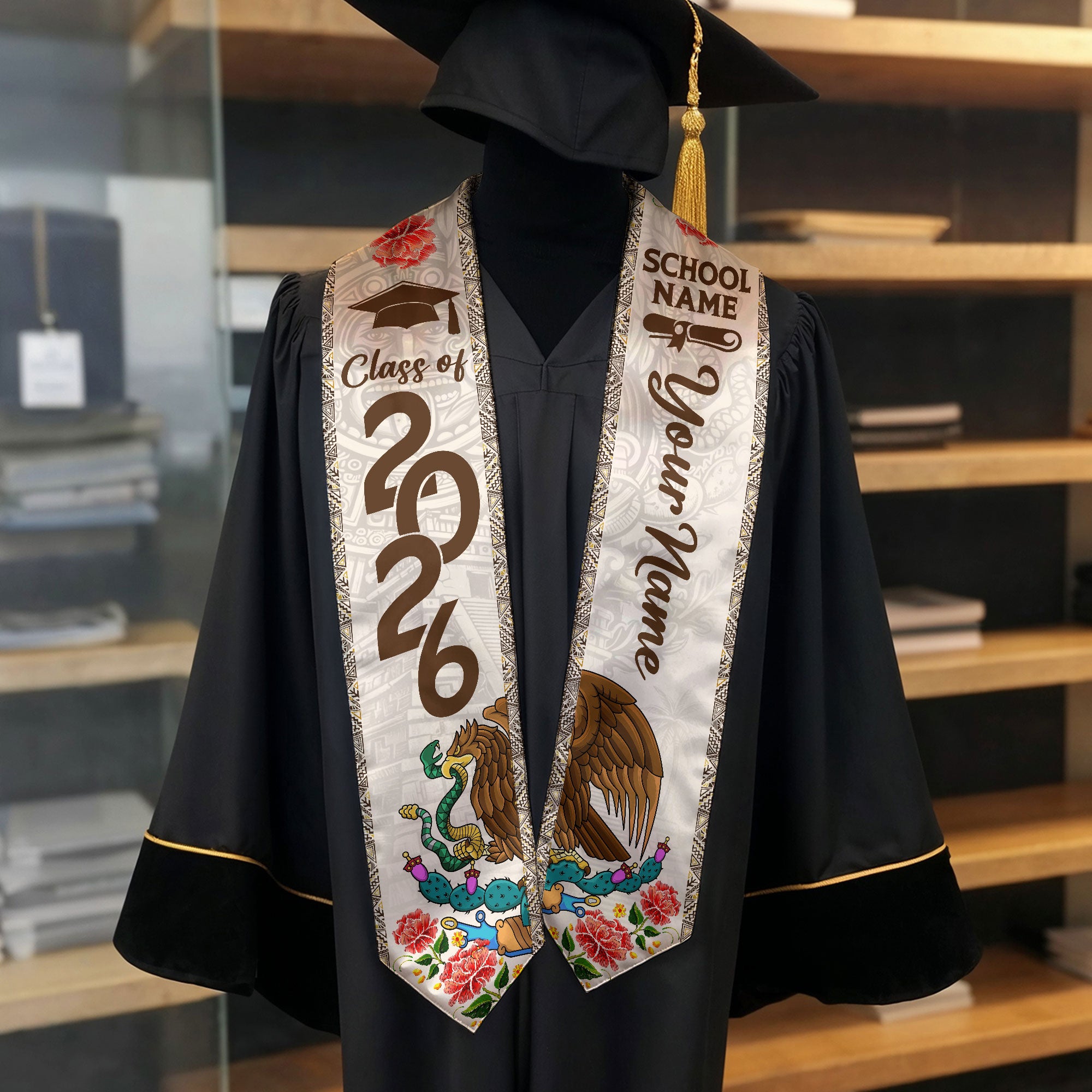 Mexican Graduation Stole Aztec Eagle Cactus Floral Custom Mexico Sash 2026