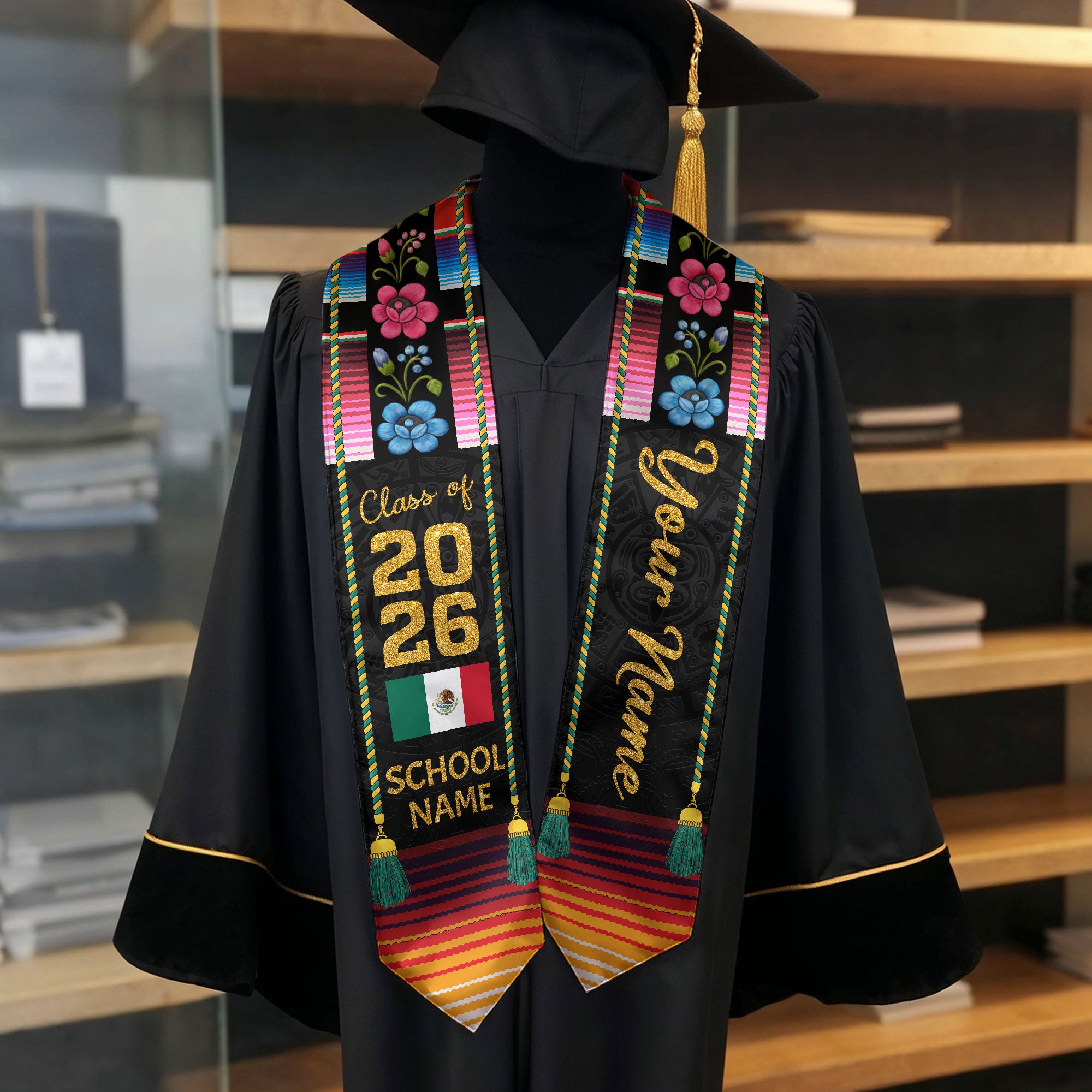 Mexican Graduation Stole Aztec Floral Serape Tassel Flag Custom Sash 2026