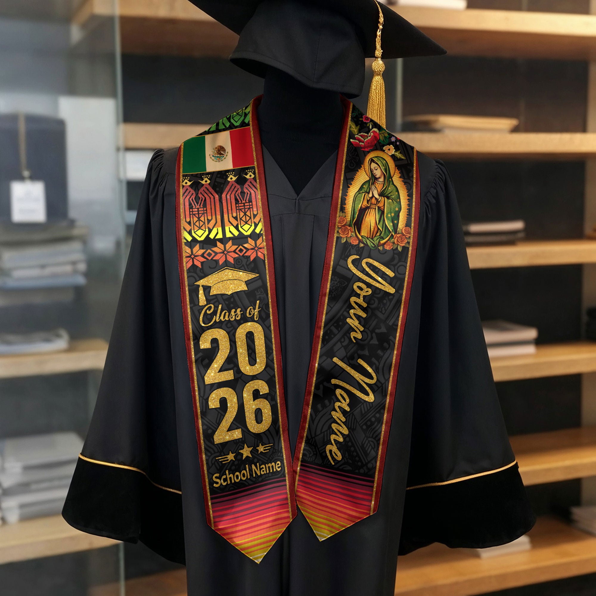 Mexican Graduation Stole Aztec Pattern Virgin Mary Floral Flag Custom Sash 2026