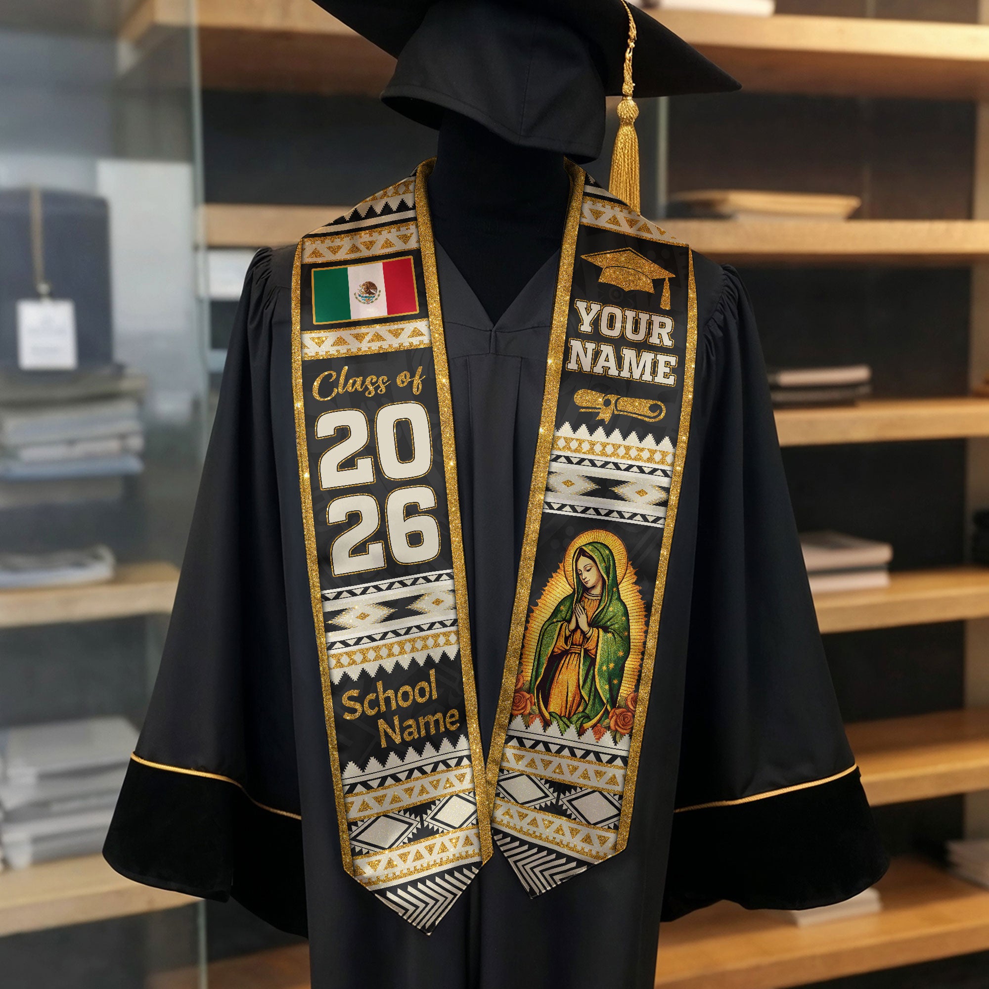 Mexican Graduation Stole Aztec Pattern Virgin Mary Flag Gold Tribal Custom Sash