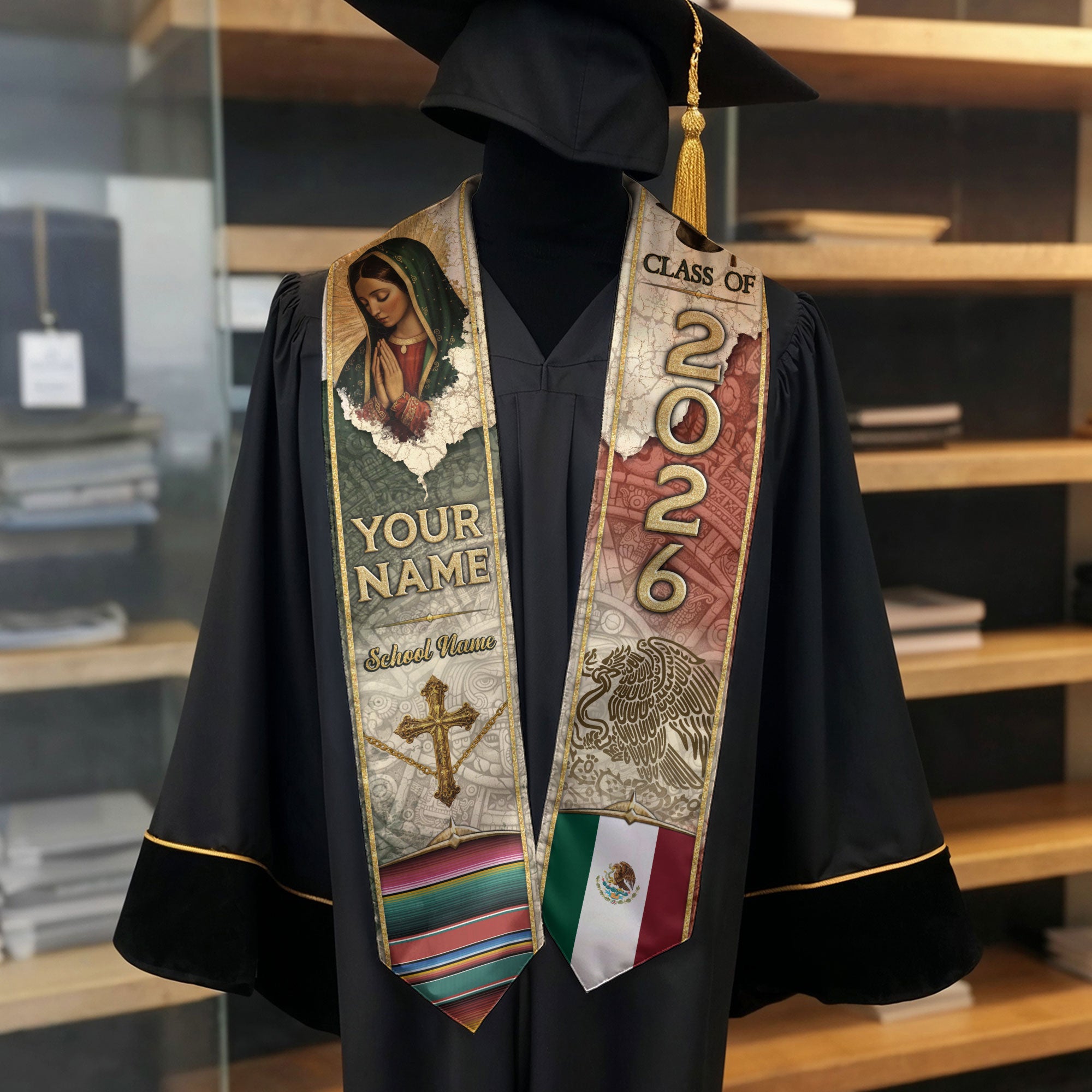 Mexican Graduation Stole Aztec Eagle Virgin Mary Cross Flag Custom Sash 2026